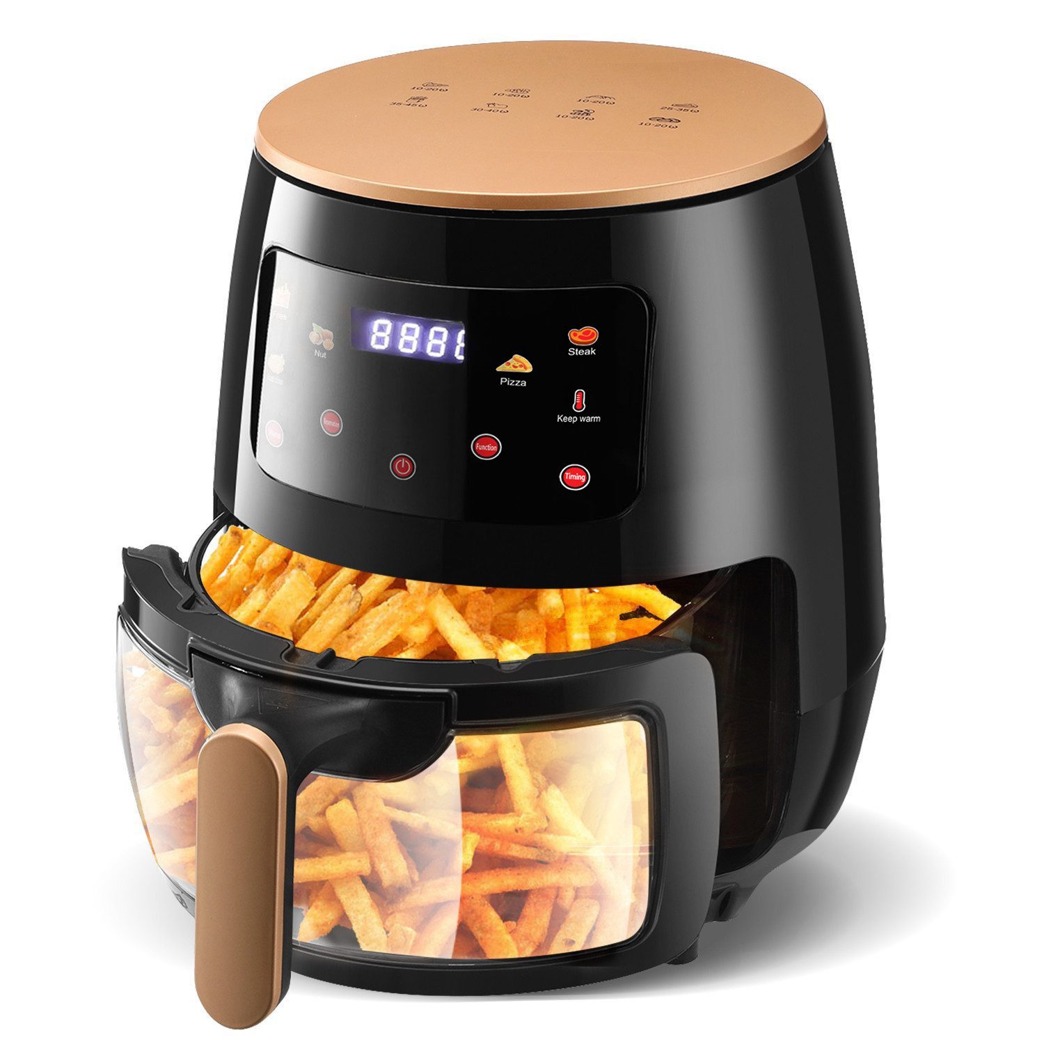 Heißluftfritteuse Air Fryer 6L XXL Heissluftfritteuse mit Glasfrittierkorb, LED-Display, Sichtfenster