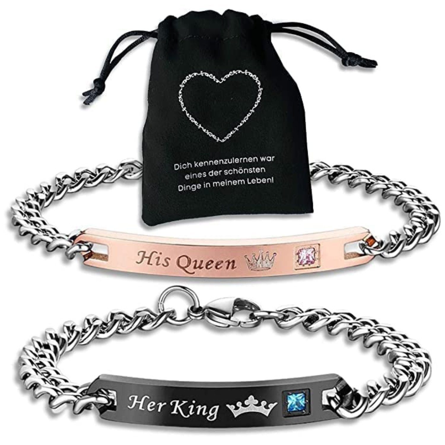 Binego Armband mit Gravur Her King His Queen Partnerarmbänder Geschenk Armbänder (Set, 2-tlg., inklusive Geschenkbeutel), Geschenkset mit Geschenkbeutel