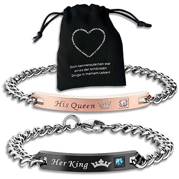 Binego Armband mit Gravur Her King His Queen Partnerarmbänder Geschenk Armbänder (Set inklusive Geschenkbeutel) Geschenkset mit Geschenkbeutel