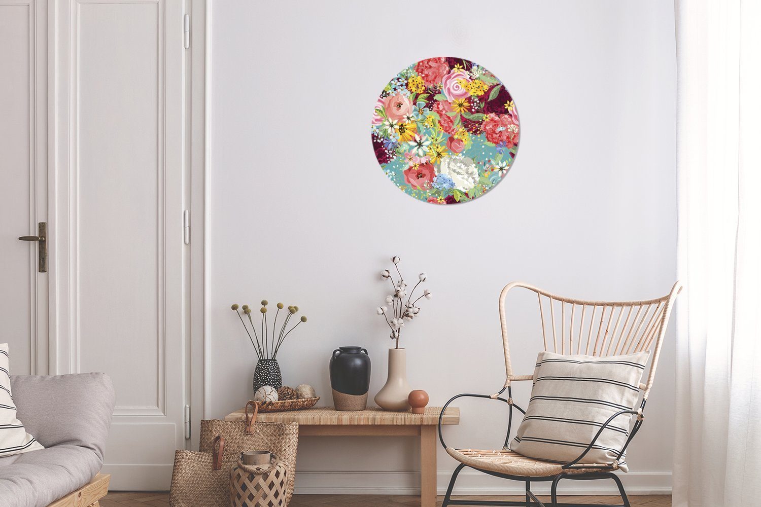 MuchoWow Wandsticker Eine farbenfrohe Illustration für Tapetenaufkleber, Rund, (1 Blumenmuster Wohnzimmer St), mit Kinderzimmer, Tapetenkreis