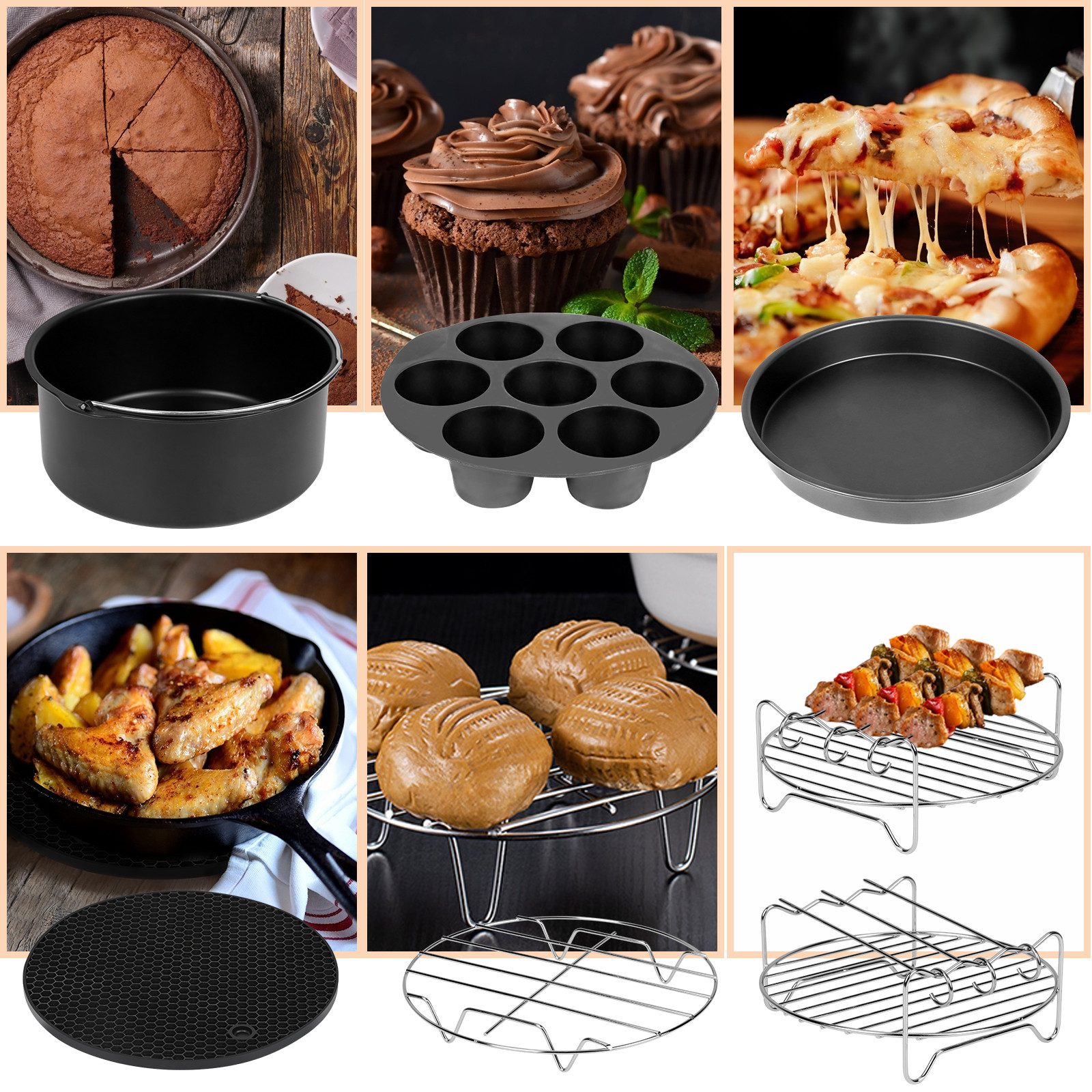 Clanmacy Küchenmaschinen Zubehör-Set 12tlg Heißluftfritteuse Zubehör Airfryer Back Heißluftofen Fritteuse 8