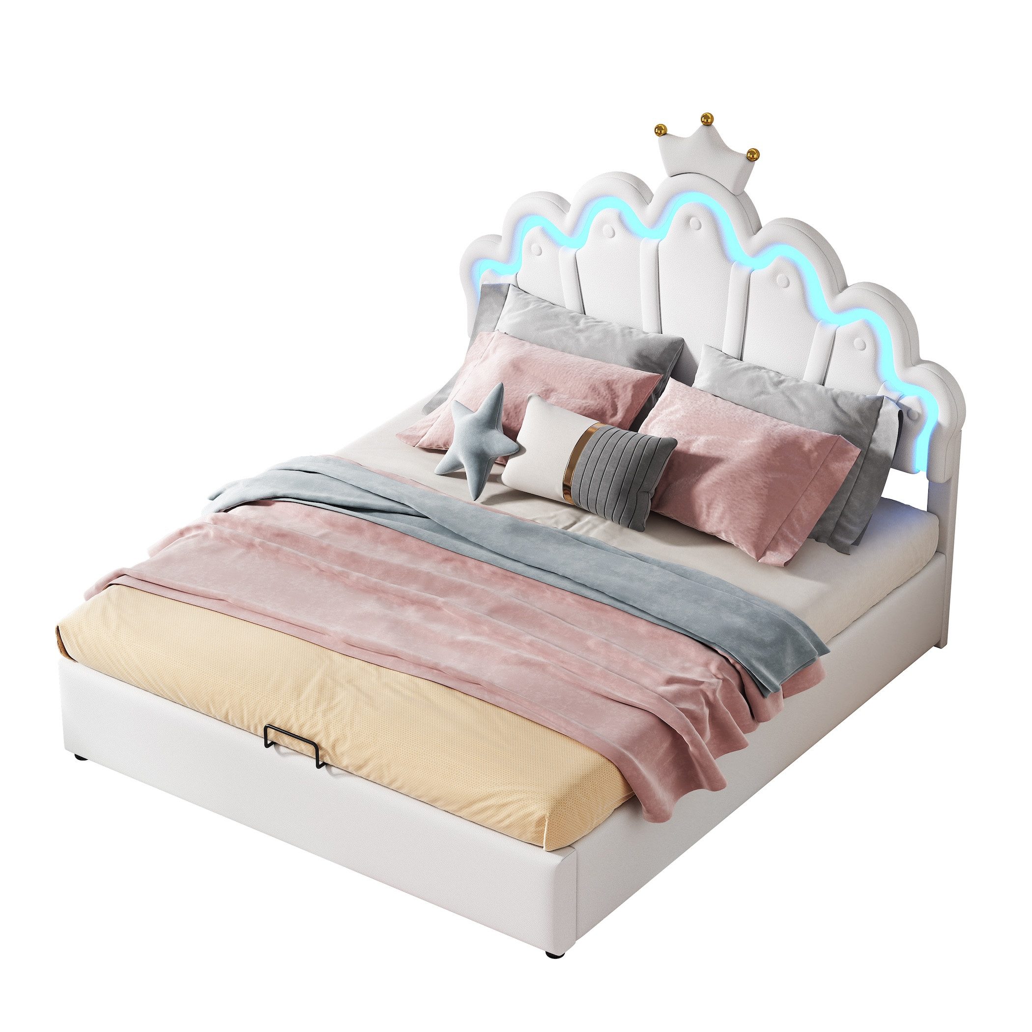 SOFTWEARY Prinzessinbett mit Lattenrost und LED-Beleuchtung (140x200 cm), Mädchenbett, Polsterbett für Mädchen, Stauraumbett, Kunstleder