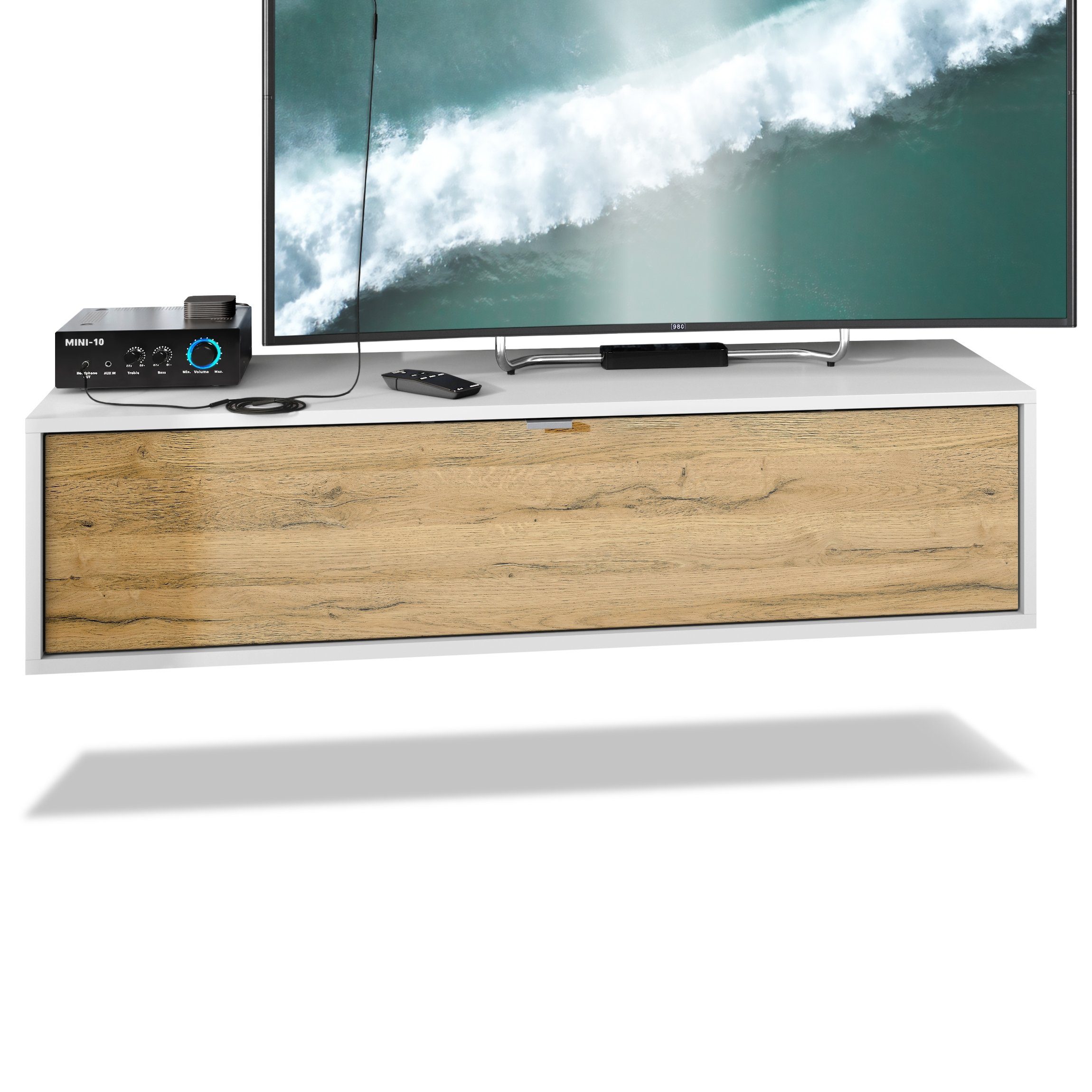 Vladon Lowboard Lana 1200 (TV-Kommode, mit Klappe dahinter 3 Fächer), Weiß matt/Eiche Natur (120 x 29 x 37 cm)