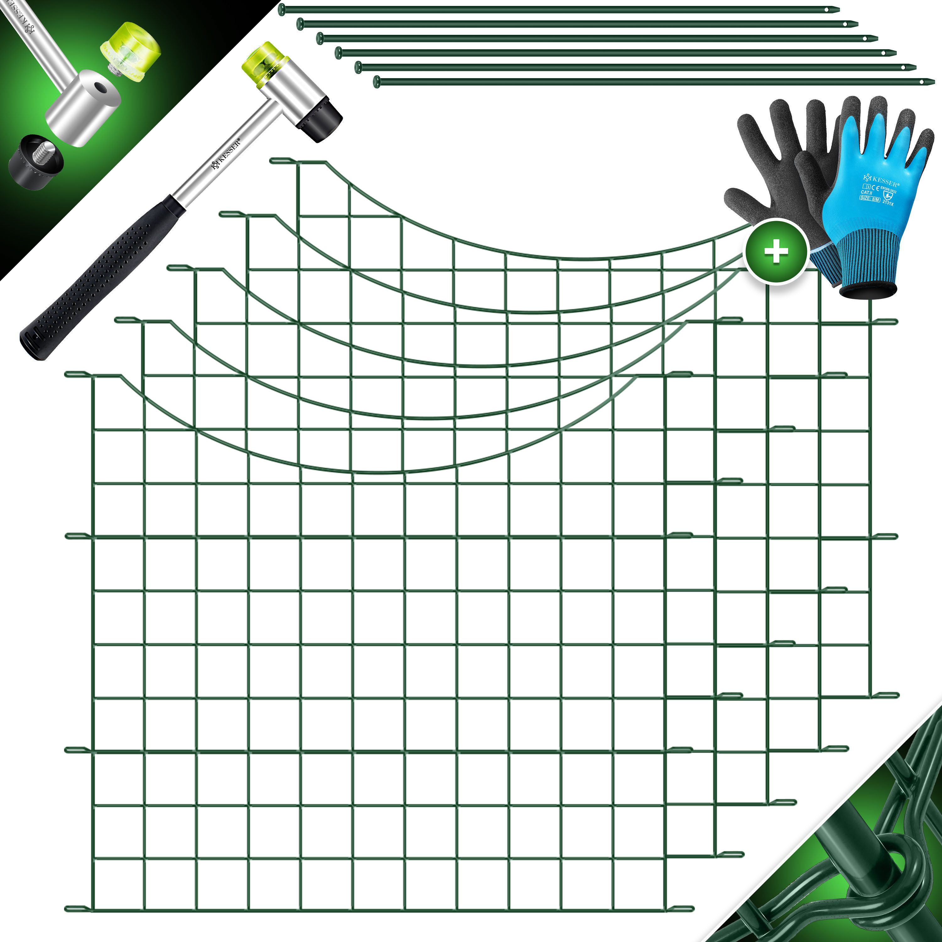 KESSER Zaun Teichzaun Gartenzaun Steckzaun Komplettset Metall Zaun für Garten, (Inkl. Handschuhe, Hammer + Befestigungsstäben), Zaun zum stecken für Garten, Gitterzaun Set Freigehege für Tiere
