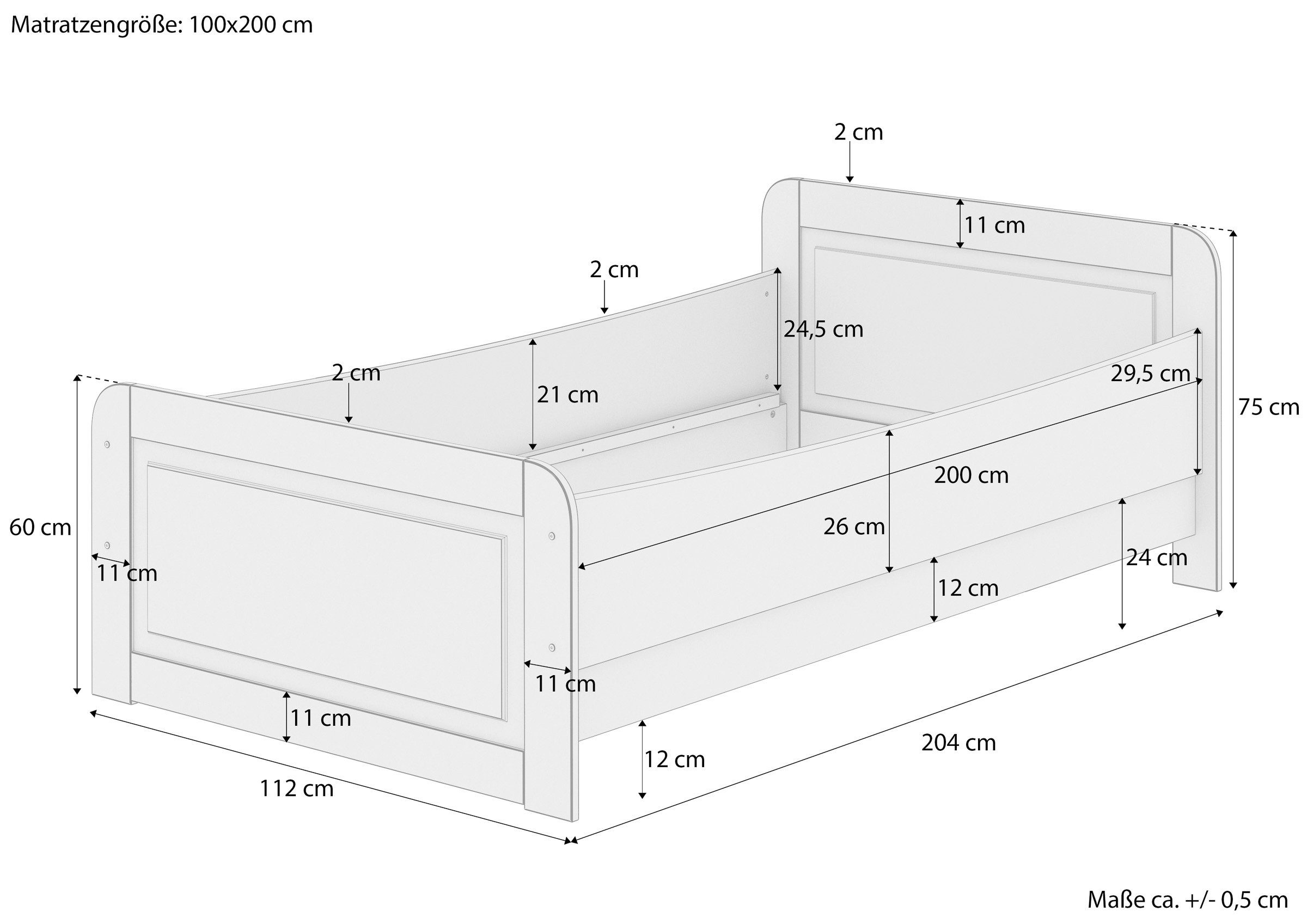 ERST-HOLZ Bett Bett extra Matratze, 100x200 Rollrost hoch Kiefer lackiert Kieferfarblos u. massiv