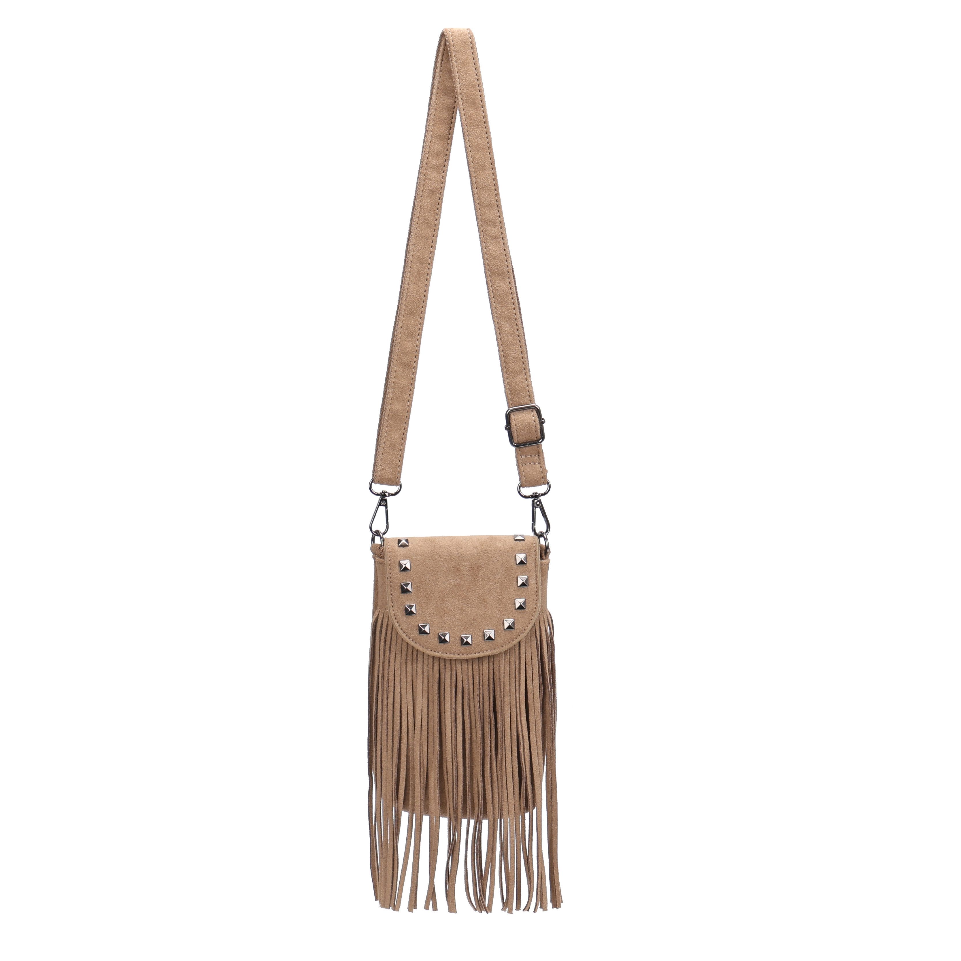 MIRROSI Umhängetasche Damen Handytasche Wildleder-Optik mit Fransen und Nieten (Kleine Crossbody bag, verstellbarer Schulterriemen, ca. 13 x 2 x 21 cm), Kleine Tasche, Schultertasche für jeden Anlass
