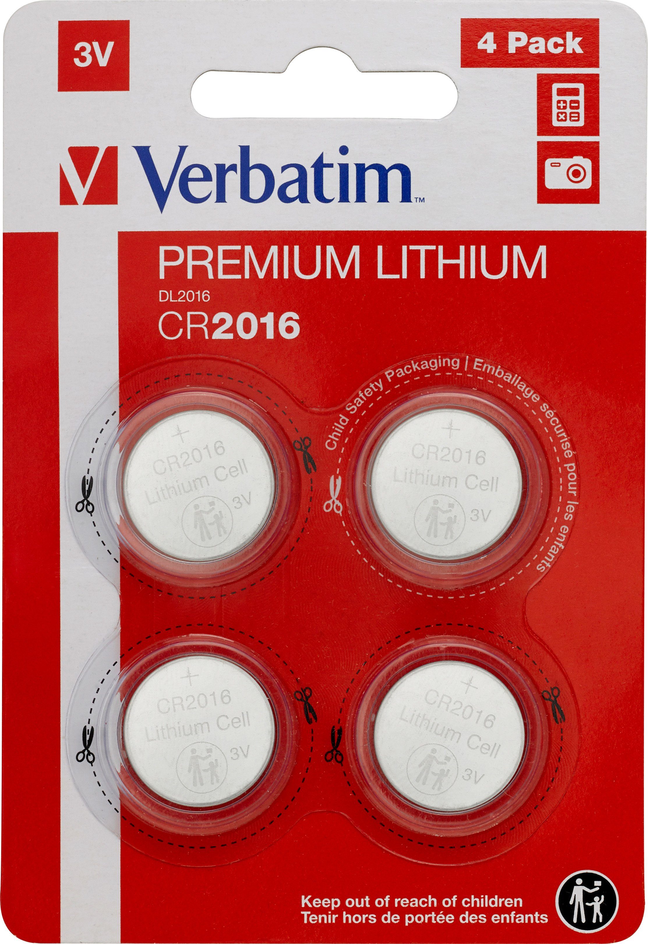 Retail Knopfzelle Batterie Blister Lithium, 3V Verbatim Verbatim CR2016, (4-P Knopfzelle,