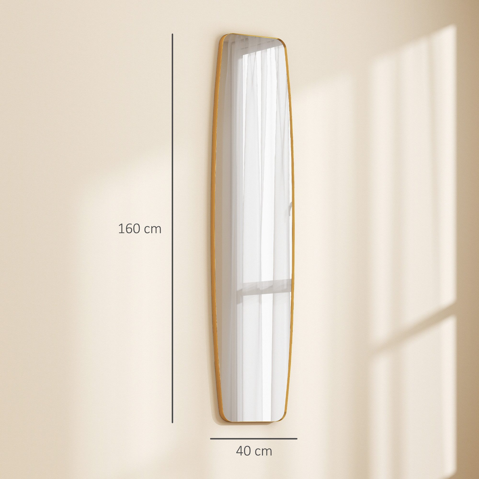 HOMCOM Wandspiegel Ganzkörperspiegel mit abgerundeten Ecken dekorativer Fenster Spiegel (Flurspiegel, 1-St., Hängespiegel), mit Metallrahmen, für Schlafzimmer, Wohnzimmmer, Gold