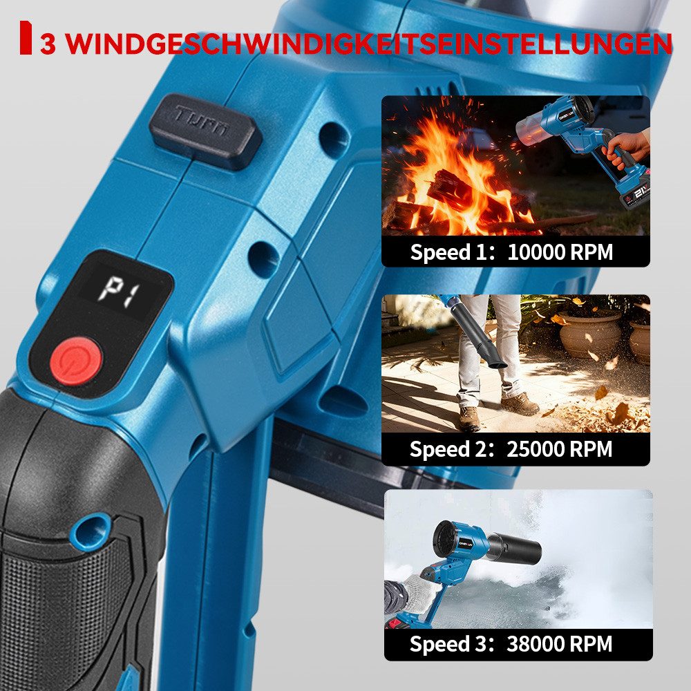 ONEVAN Akku-Laubbläser 21V Bürstenloser Laubbläser, 288 km/h Elektrischer Gebläse, (mit 2x Akkus & Ladegerät), 3 Geschwindigkeitsstufen, für Garten, Laub,Staub & Schnee