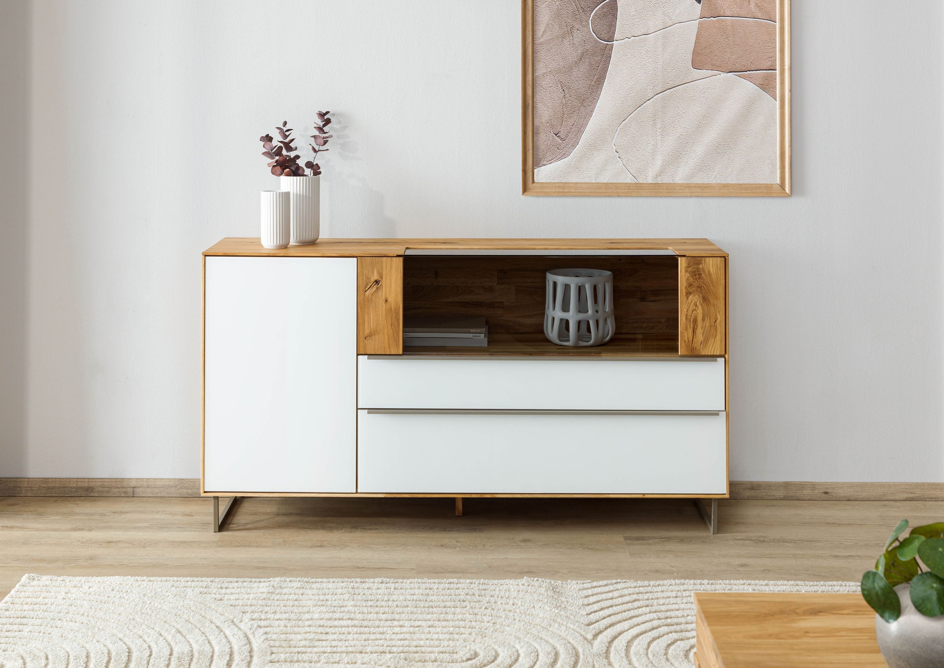 Massivmoebel24 Sideboard WIEN (Massivholz), Wildeiche 160x43x87 natur geölt / Glas weiß WIEN #120