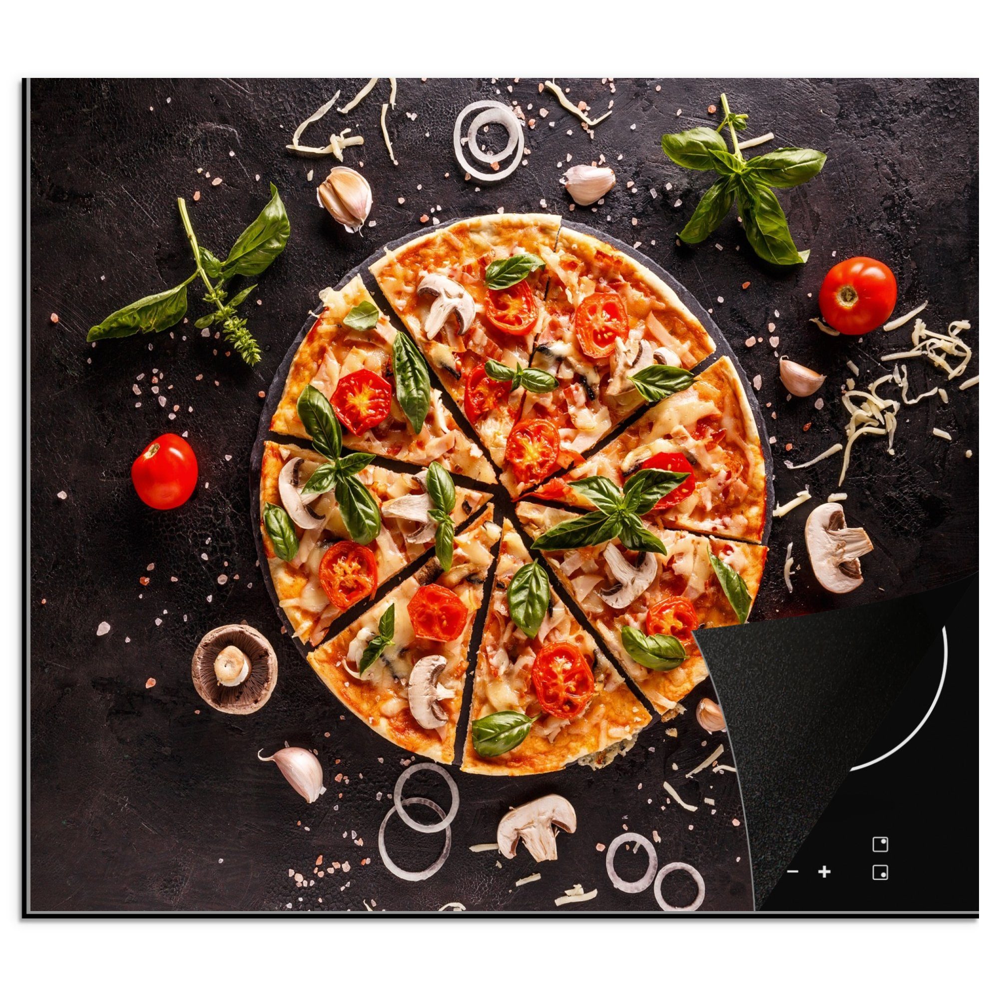 MuchoWow Herdblende-/Abdeckplatte Pizza - Gemüse - Kräuter - Küche - Industrie, Vinyl, (1 tlg), 57x51 cm, Induktionsschutz, Induktionskochfeld, Ceranfeldabdeckung