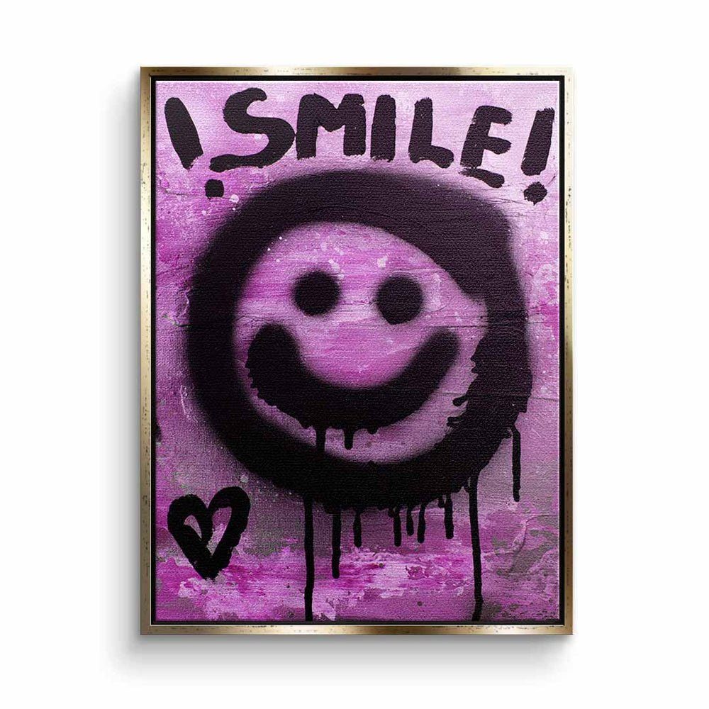 DOTCOMCANVAS® Leinwandbild, Leinwandbild graffiti smile lächle lila schwarz smilie emoji mit premi goldener Rahmen