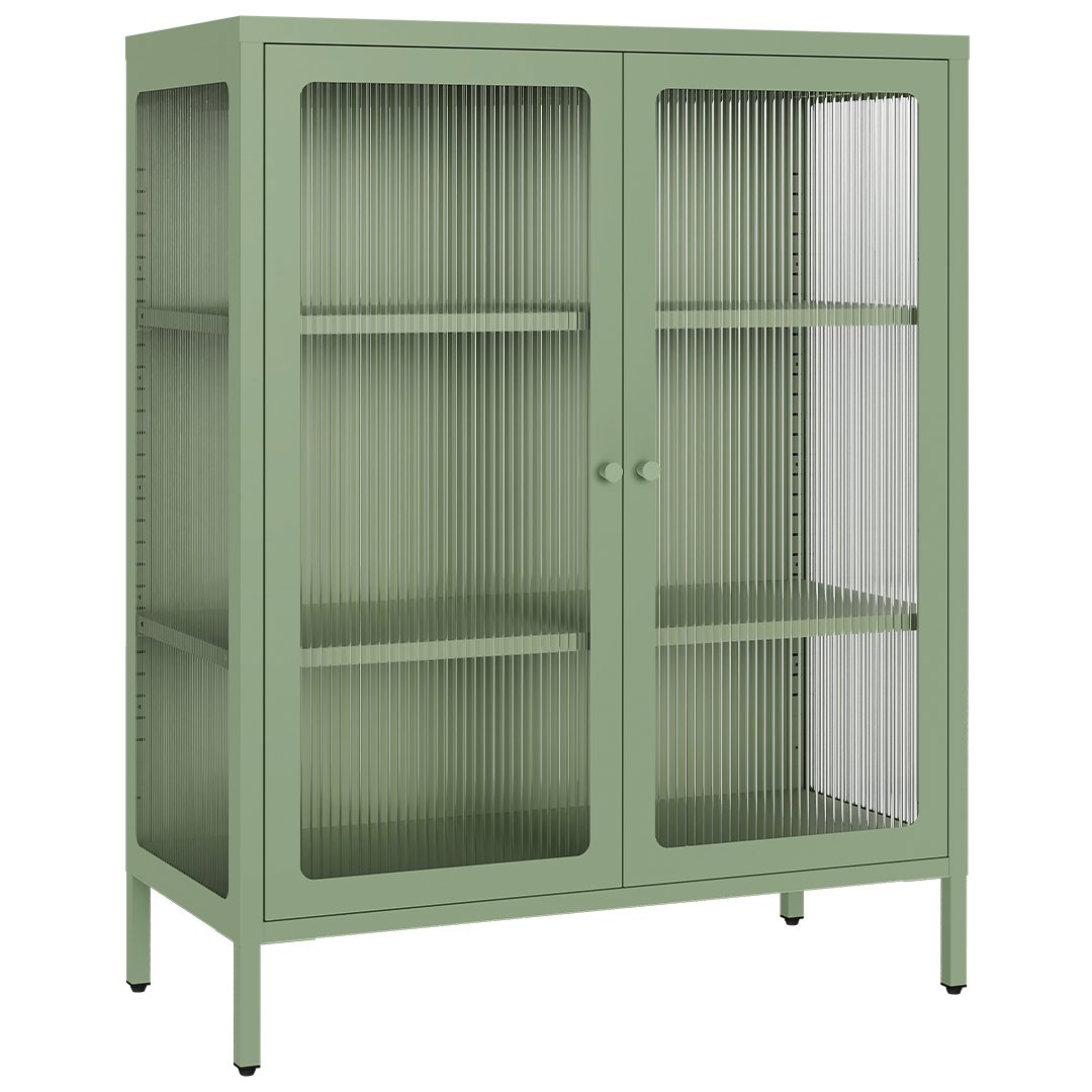 skølm Highboard Norns Vitrinenschrank mit Glastüren (mintgrün, bis 80 kg belastbar, kratzfest), Metallkommode mit verstellbaren Fächern, Sideboard 100x38x80 cm