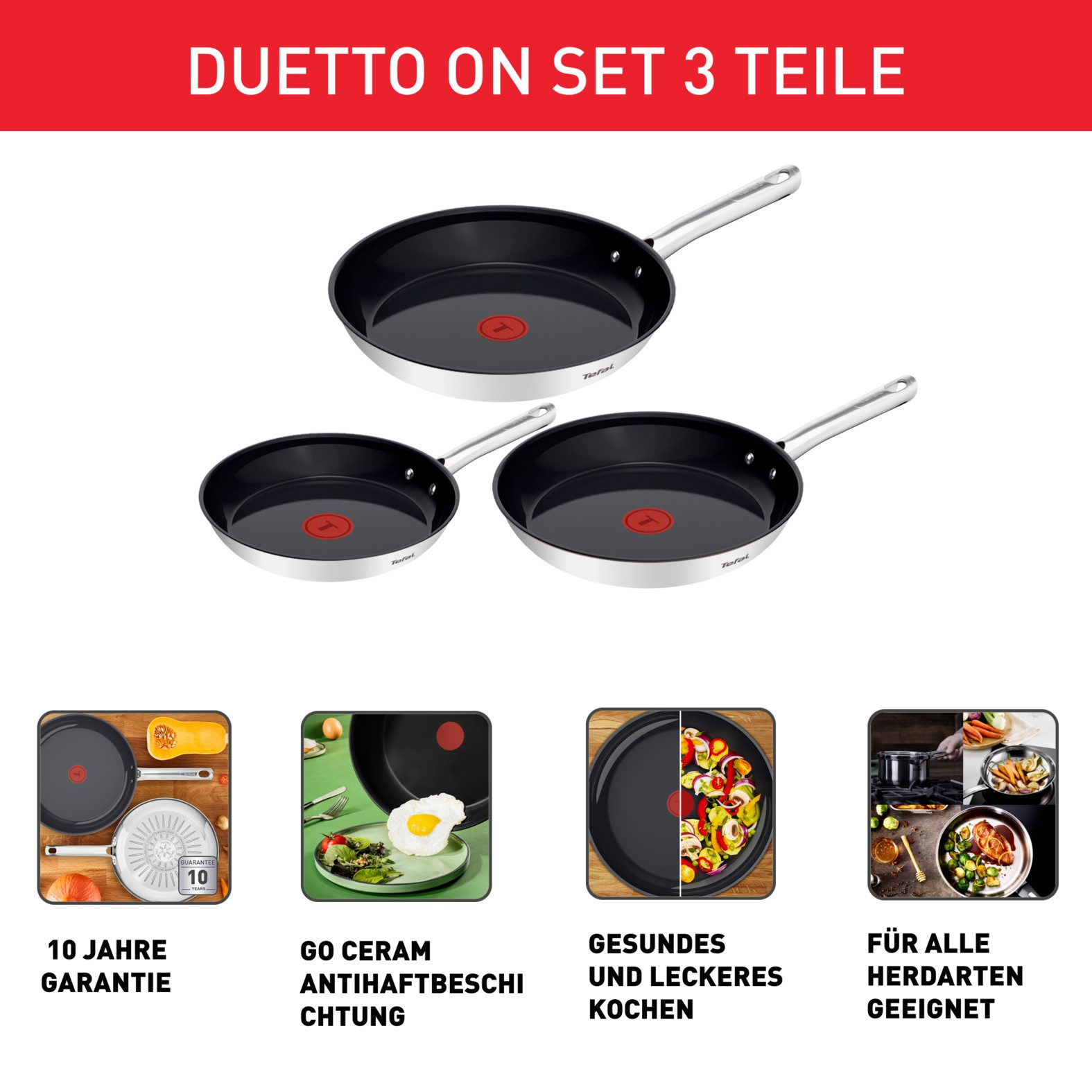 Tefal Pfannen-Set Duetto On, Edelstahl (Set, 3-tlg), Antihaftbeschichtung, Temperaturindikator Thermo-Signal, Induktion