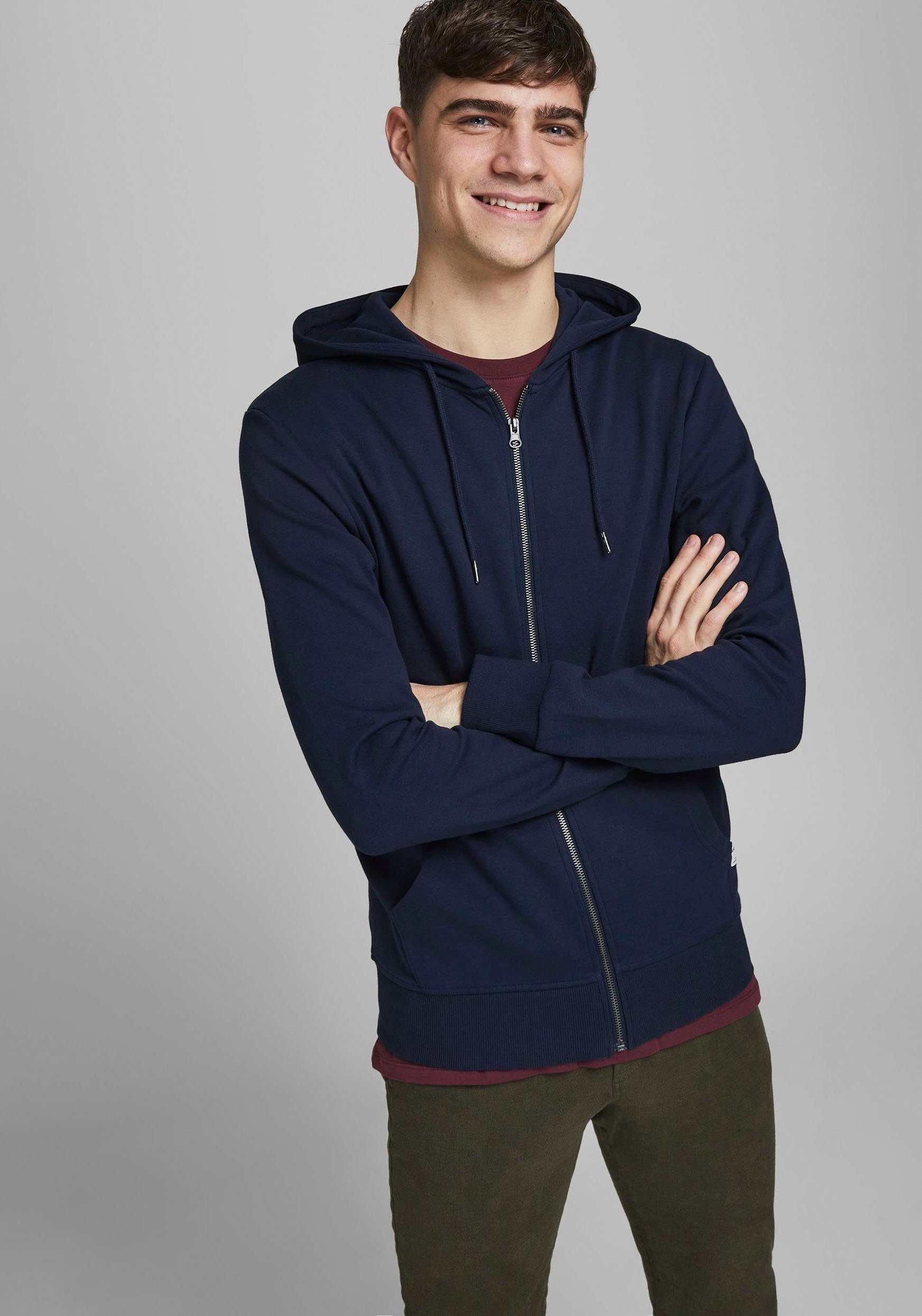 Jack & Jones Kapuzensweatjacke JJEBASIC Hoodie mit Rippbündchen und angenehmem Tragegefühl unifarben, modisch, regular fit, Baumwollmischung, Rundhals