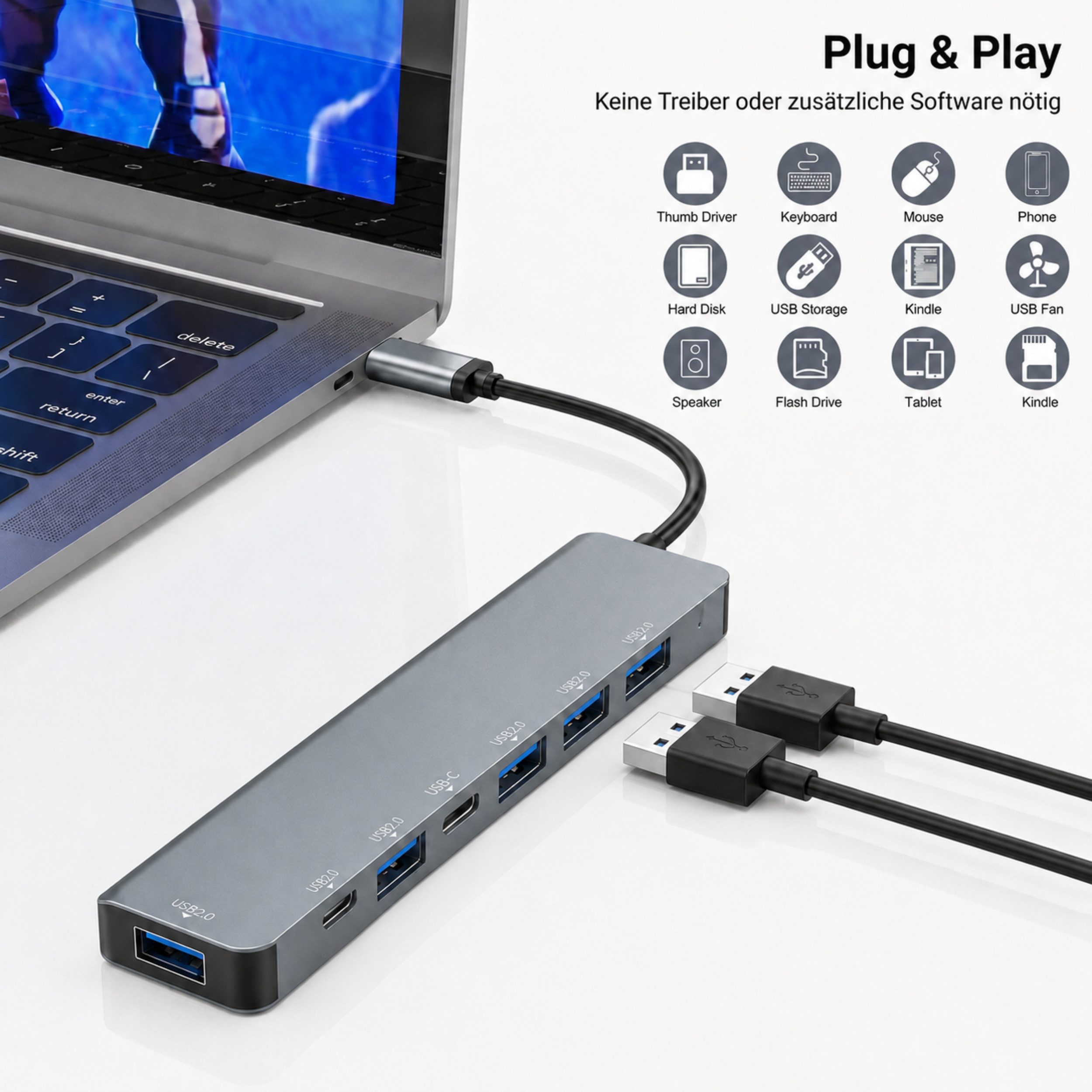 PlugUp Laptop-Dockingstation USB-C Multiport 7 in 1 Adapter mit USB-C & USB 3.0 USB-Port, Universell kompatibel mit macOS, Windows, Linux
