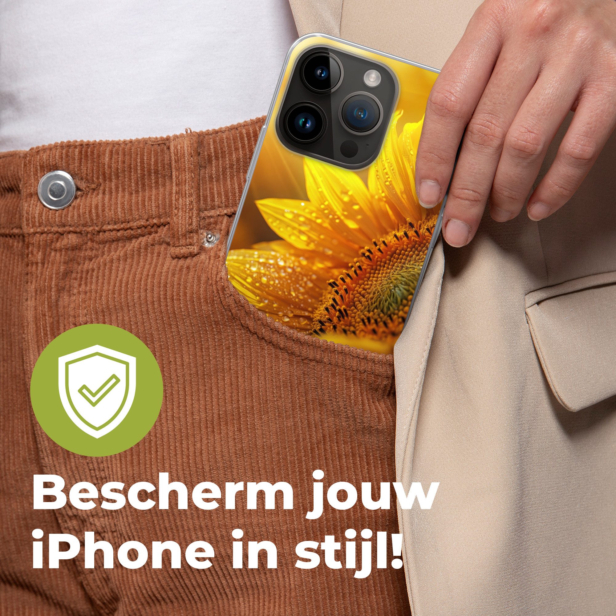 MuchoWow Handyhülle für Apple iPhone 14 Pro Sonnenblume - Tautropfen - Gelb - Sonnenlicht, Smartphone-Bumper, Print, Handy Schutzhülle Dünn