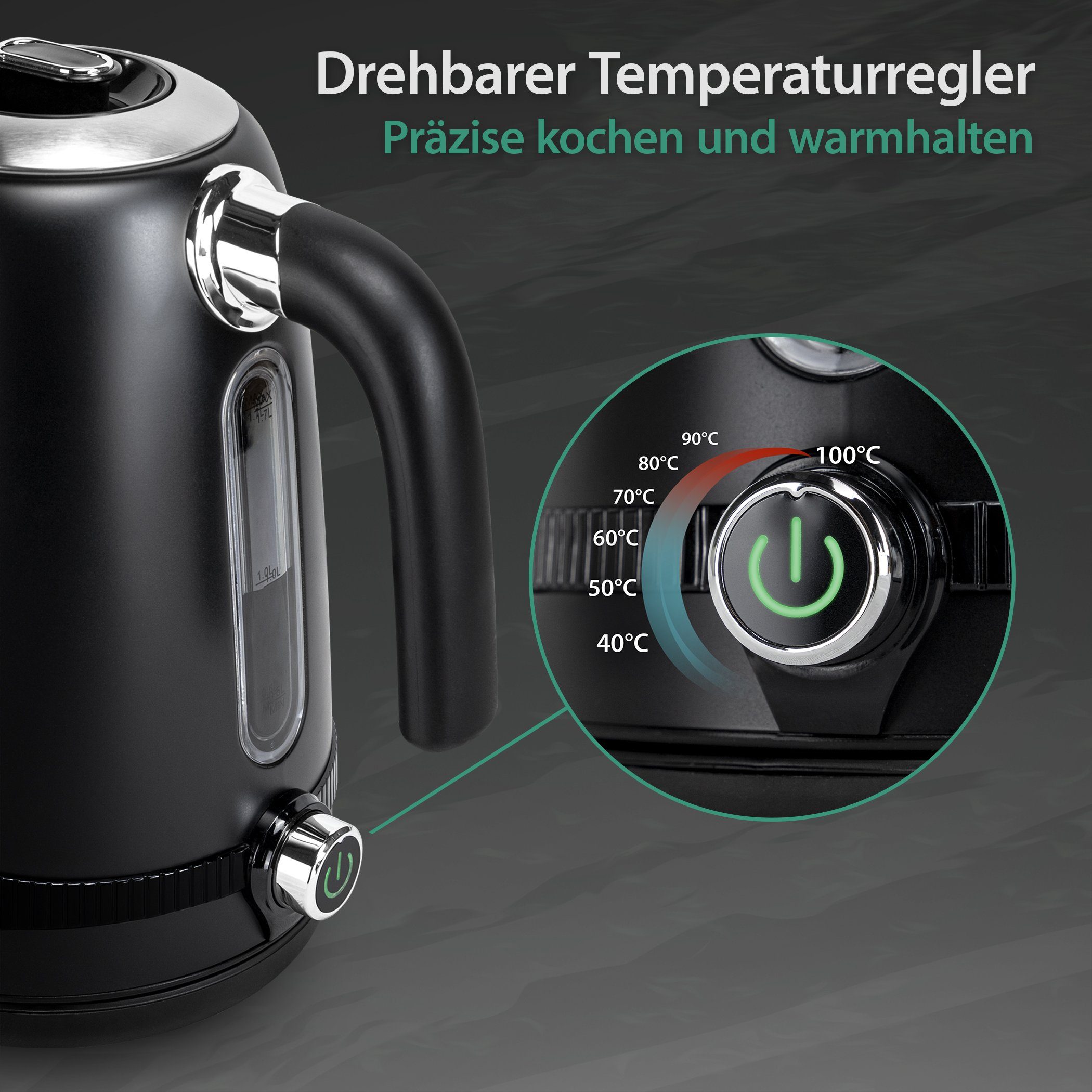 Zertifiziert Wasserkocher Temperatureinstellung, Retro, TÜV Rheinland Impolio Edelstahl, GS W, 2200,00