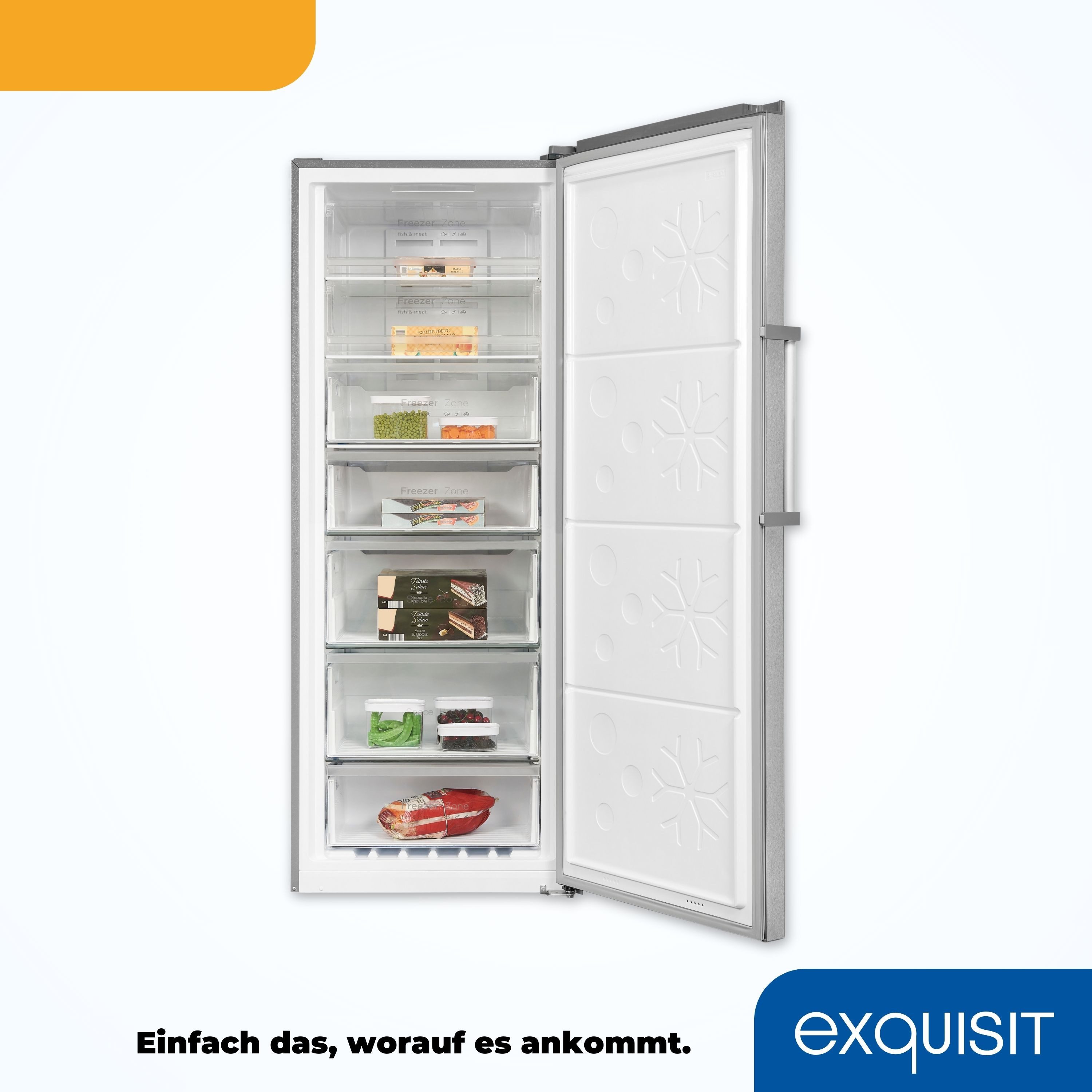 exquisit Gefrierschrank NoFrost GS380-NF-H-050E inoxlook, 185,5 cm hoch, 71 cm breit, 380 L Gefrierschrank: No-Frost, 4-Sterne & flexibel mit LED-Licht – Bild 5 von 5