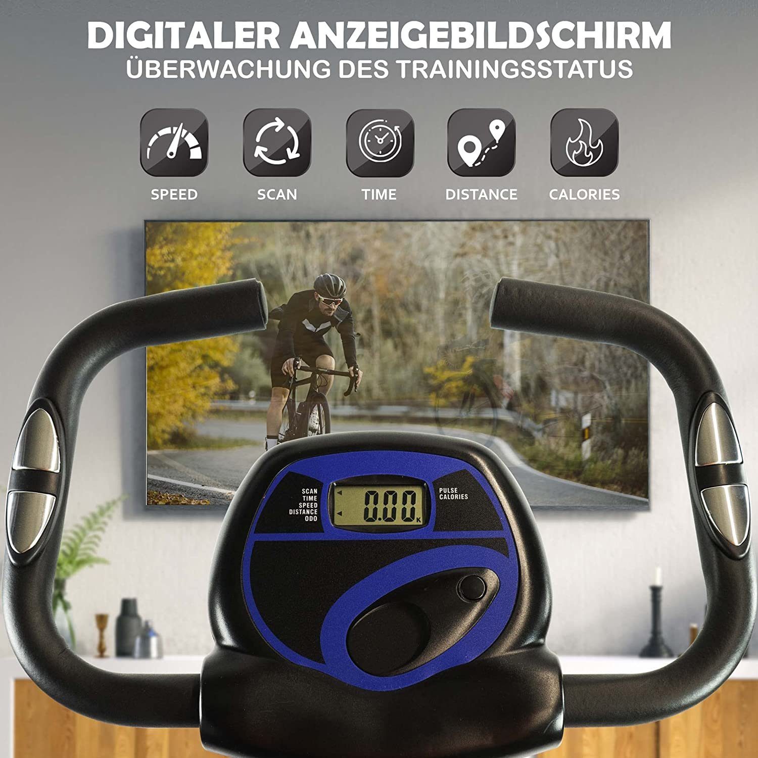 Fjoerdesports Heimtrainer Faltbarer Heimtrainer mit LCD Display Hometrainer Fitnessfahrrad (Maximales Benutzergewicht 110 Kg inkl. verstellbaren Sitz, klappbarer Hometrainer, inklusive Pulsmessung, maximales Benutzergerwicht 110 kg, Fitness Bike, Seniorentrainer, Bewegungstrainer, Trimmrad, höhenverstellbar, stabile Standfüße, bodenschonend, 8 Widerstandsstufen, Handpulssensoren, Riemenantrieb), Hometrainer, Fitnessfahrrad LCD Trainingscomputer