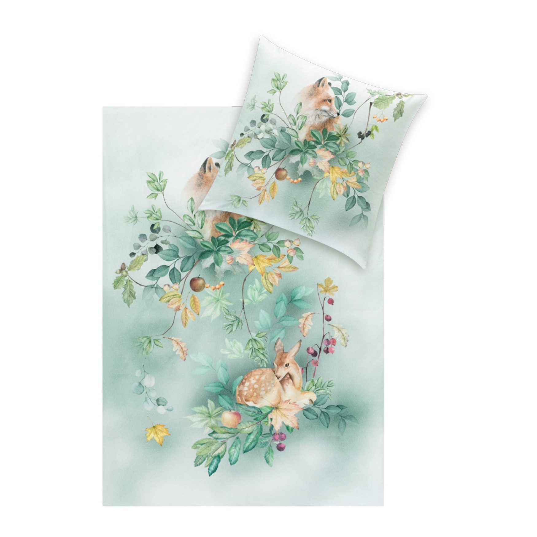 Estella Bettwäsche Estella Kuschel Flanell Bettwäsche 135x200 Ferdinand grün Fuchs Reh, Flanell, 2 teilig, für kalte Wintermonate