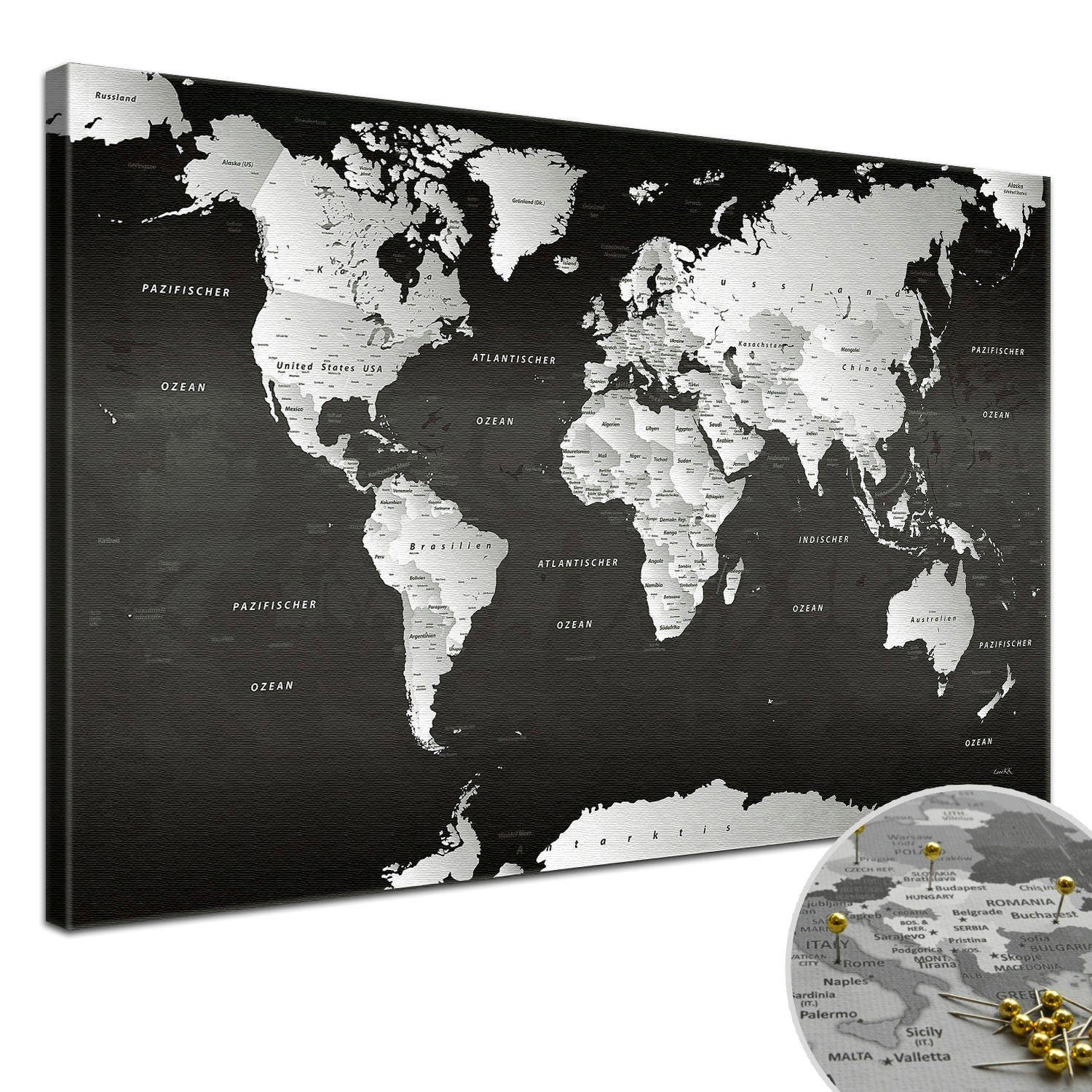 LANA KK Leinwandbild Weltkarte Pinnwand zum markieren von Reisezielen, deutsche Beschriftung