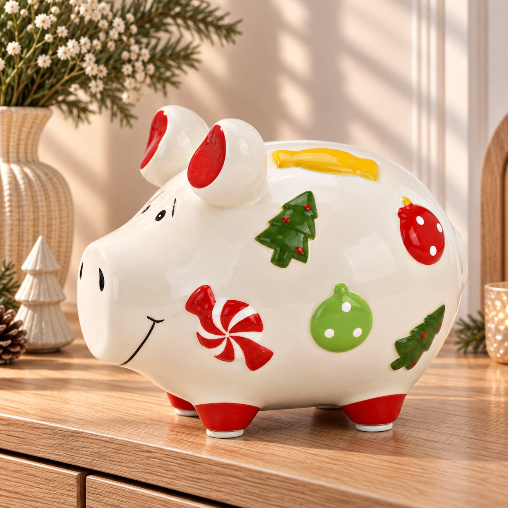 matches21 HOME & HOBBY Bilderrahmen Lustige Spardose Sparschwein WEIHNACHTSDEKOR weiß bunt 12 cm, Keramik Weihnachten Sparbüchse - Gummistopfen zum Öffnen