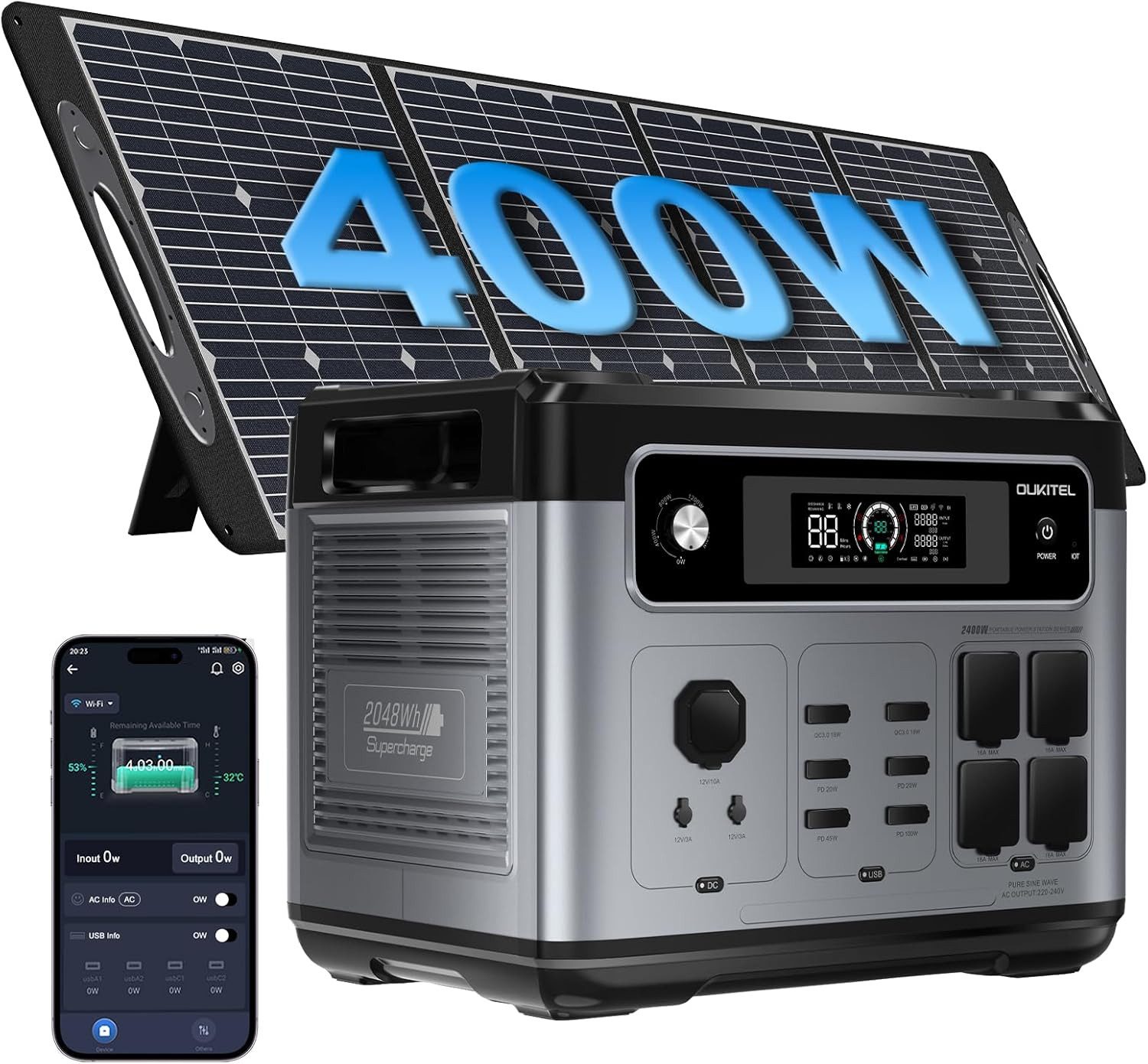 OUKITEL Stromerzeuger P2001E Plus 2400W Tragbare Powerstation, 2,4 in kW, (LiFePO4-Akku, 1-tlg., Mit 400W Solarpanel), Solargenerator mit 4*AC Ausgänge 2400W, für Camping,Wohnmobil,Notfall
