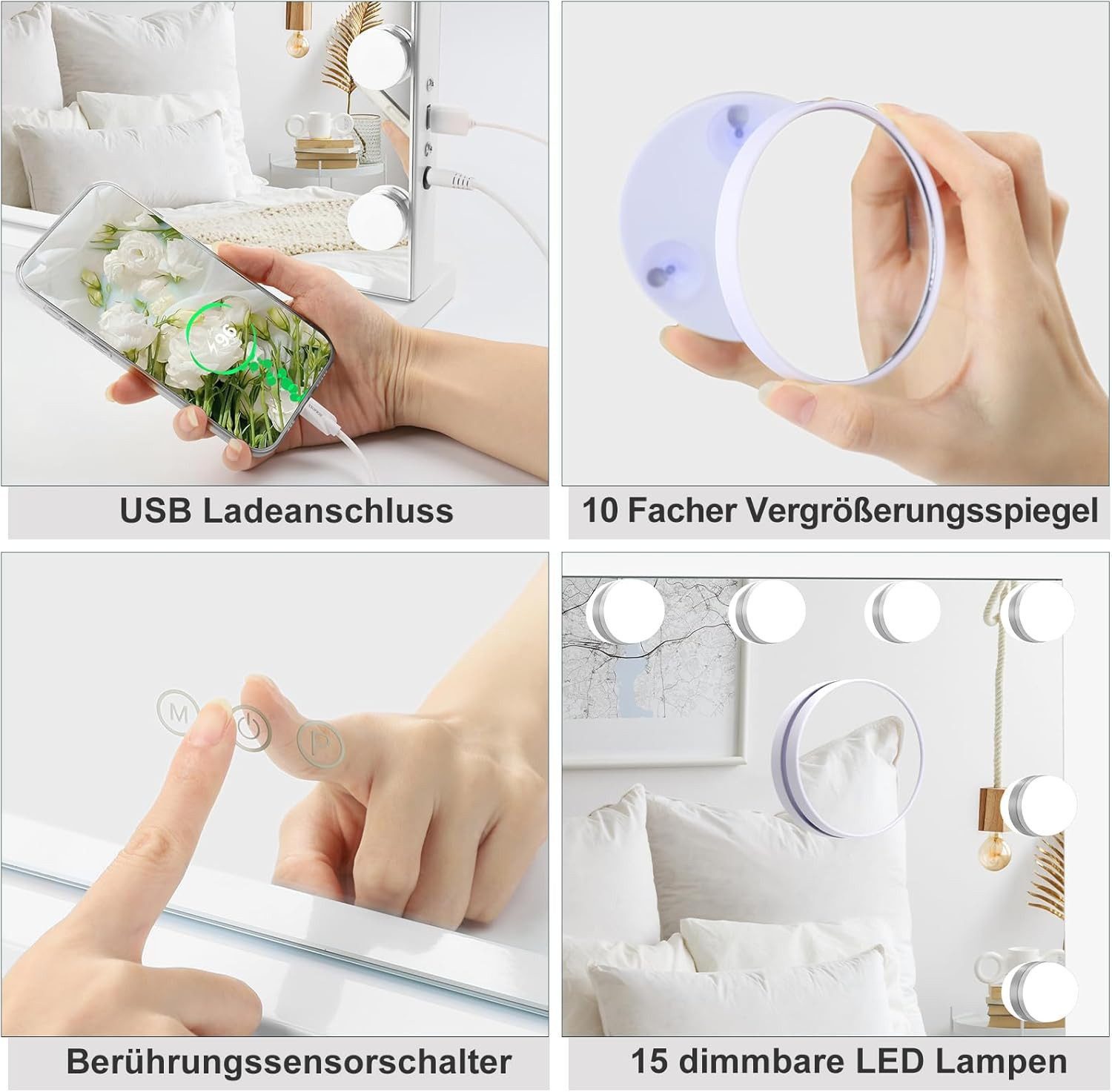 Dripex Schminkspiegel Hollywood Kosmetikspiegel 14/15/18/20LED, 3 Lichtfarben Dimmfunktion