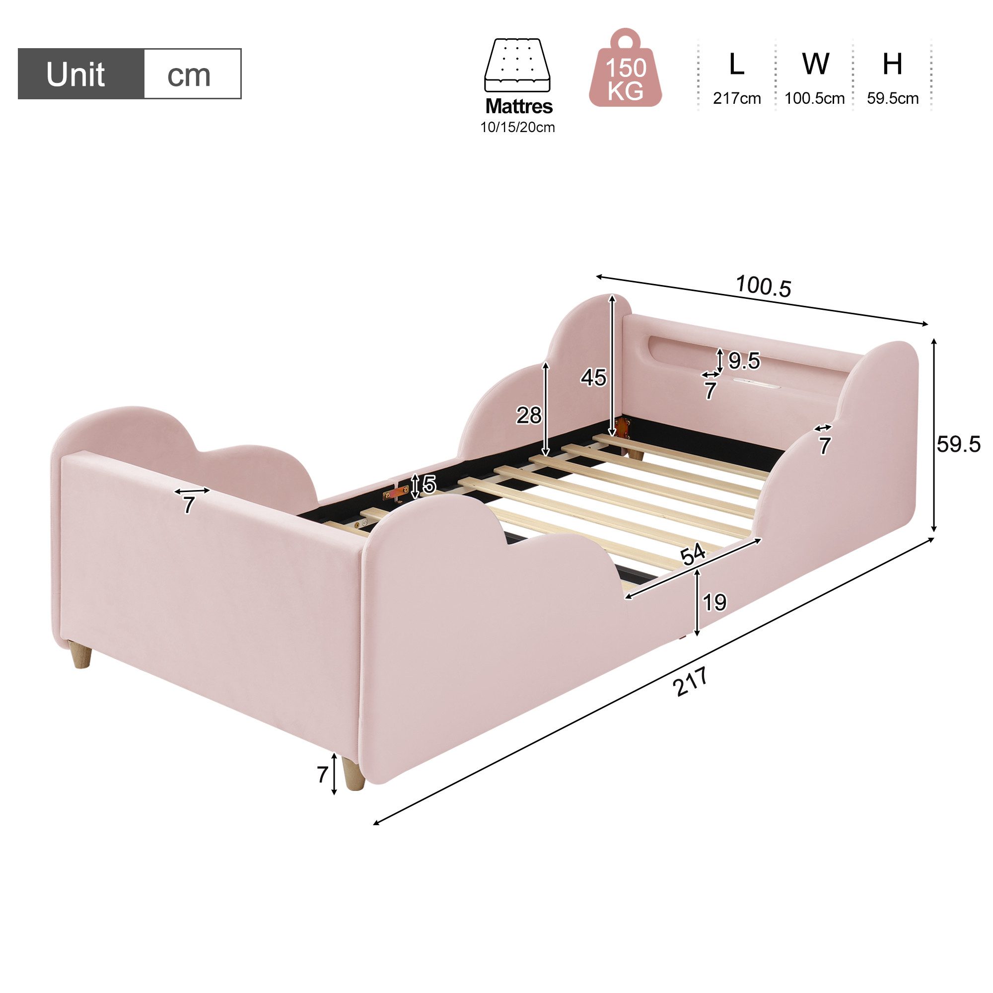REDOM Polsterbett Kinderbett mit Schutzgeländer, Nachtlicht (Bettbeine, ohne Bettkasten und Matratze, Rosa), USB, Ablagefächer, 90x200cm, Samt