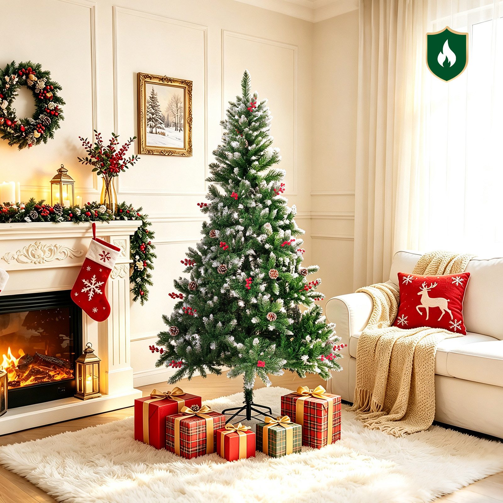 HOMAVO Künstlicher Weihnachtsbaum mit Ständer & Schnee, 150/180/210 cm, PE-Spritzguss, mit Tannenzapfen & roten Beeren, für Zuhause, Garten & Weihnachtsfeier
