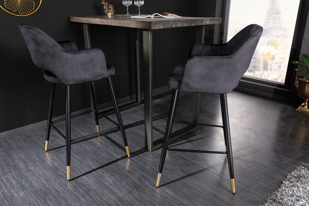 riess-ambiente Barhocker PARIS grau/schwarz/gold - Samt, Metall, mit Armlehne & Ziersteppung (Einzelartikel, 1 St), gepolstert & im edlen Look – ideal für Küche – Bild 3 von 5