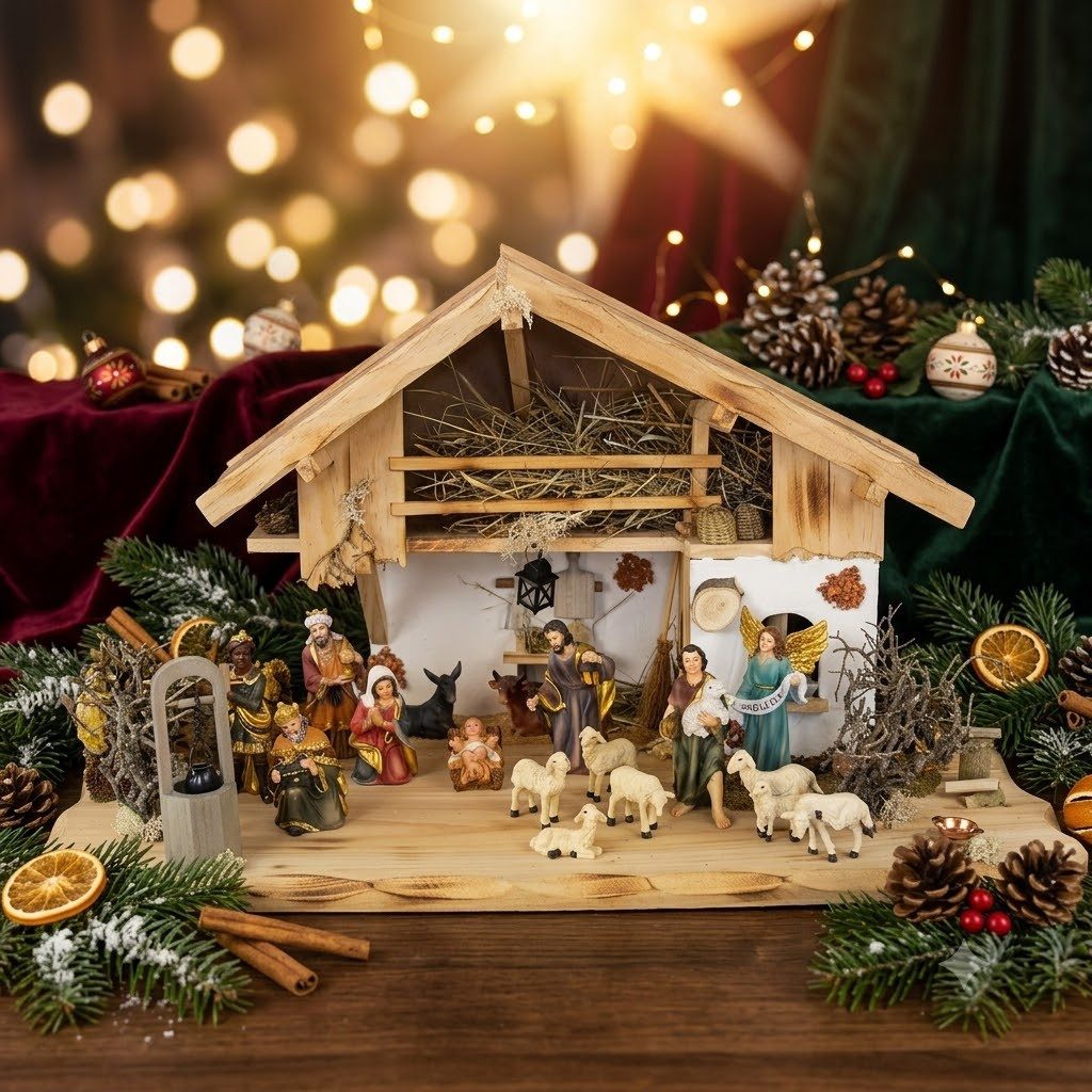 Krippenursel Krippe Weihnachtskrippe Hersbruck inkl. 17-tlg. Figurensatz K 604-S (18-tlg), sehr schön handbemalte Krippenfiguren in klassischer Ausführung