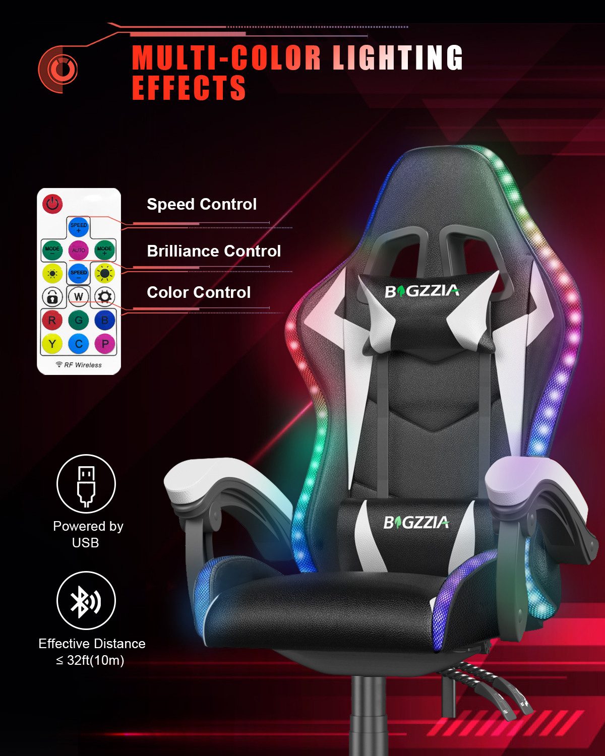 Gywowken Gaming-Stuhl mit LED - Gaming Chair Ergonomisch - 90-155° Rückenlehne