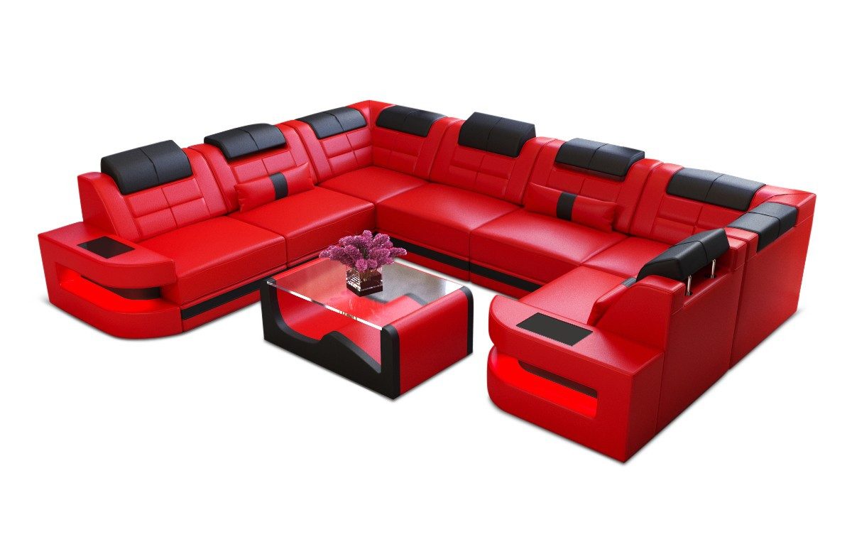 Sofa Dreams Wohnlandschaft Leder Ledercouch Sofa Como U Form Ledersofa, Couch, mit LED, wahlweise mit Bettfunktion als Schlafsofa, Designersofa