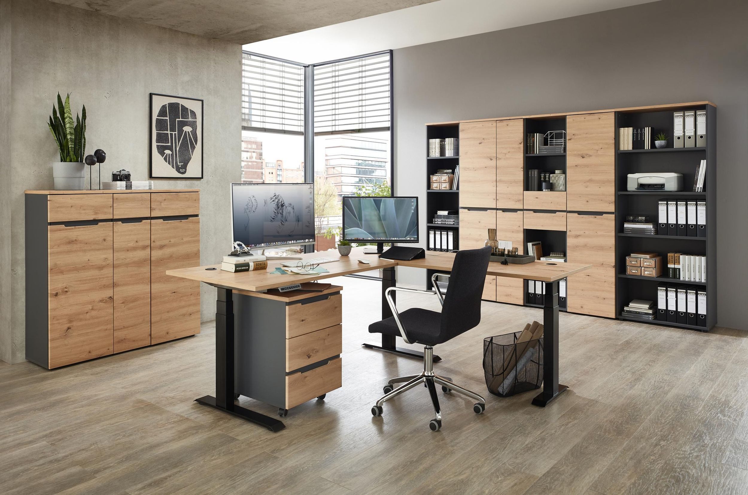 Innostyle Büromöbel-Set Komplettbüro MEMPHIS X 9-teilig Front Artisan Eiche Korpus Graphit, (Komplett-Set, 9-tlg., 4x Büroschrank, 3x Büroregal, 1x Eckschreibtisch, 1x Rollcontainer)