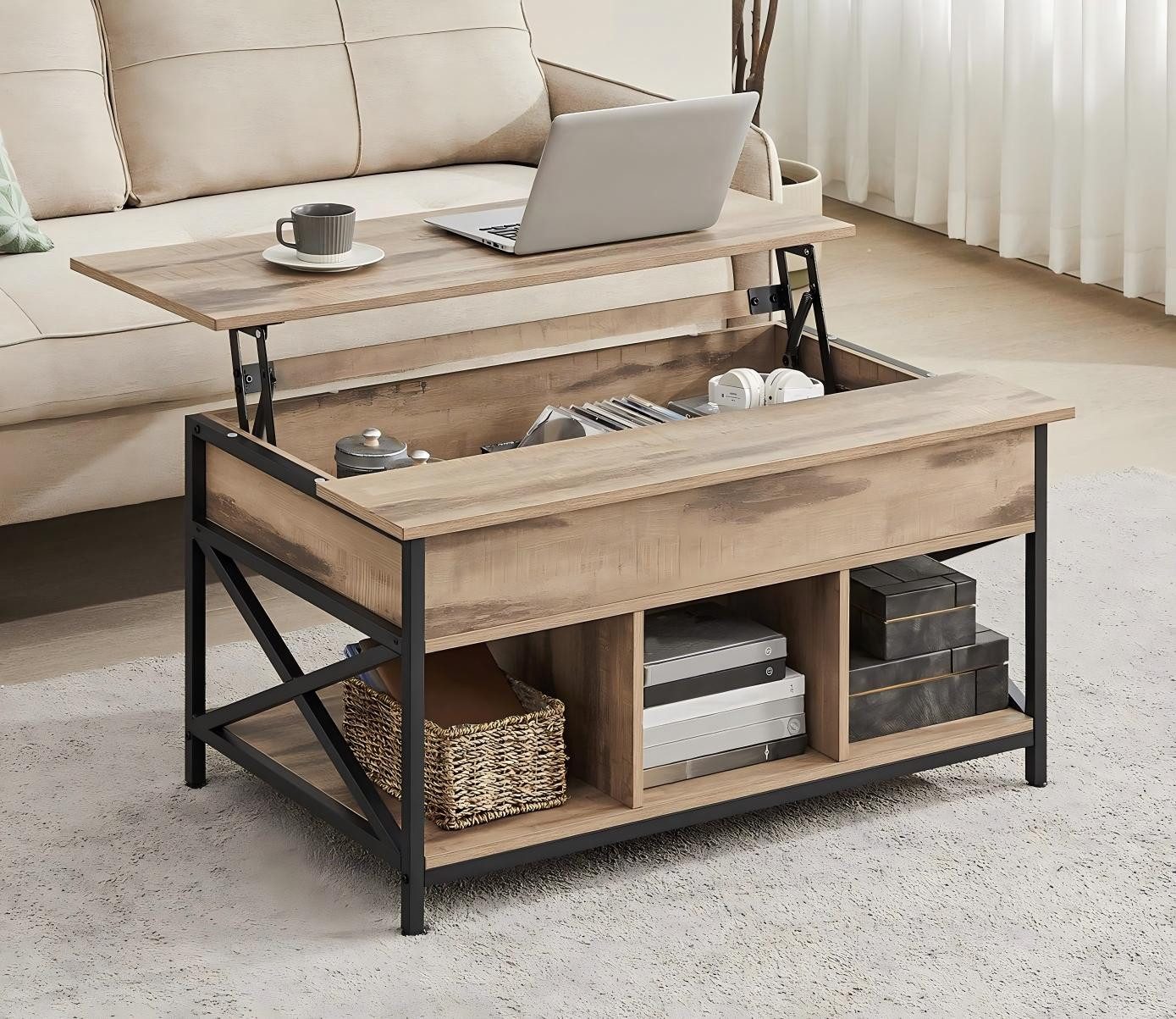VASAGLE Couchtisch höhenverstellbar, Wohnzimmertisch, sofatisch (inkl. Zubehörpaket & Anleitung) aufklappbar), offener und versteckter Stauraum, 60 x 100 x (48-62) cm, Kaffeetisch