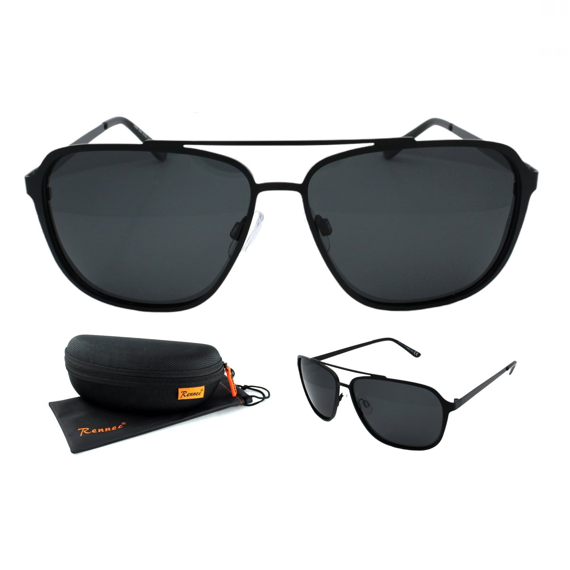 Rennec Sonnenbrille (Pilotenbrille mit Hardcase Schwimmfähig, Piloten Sonnenbrille Polarisiert aus Edelstahl) Polarisierte Gläser UV400 Getönt extra leichtes Gestell