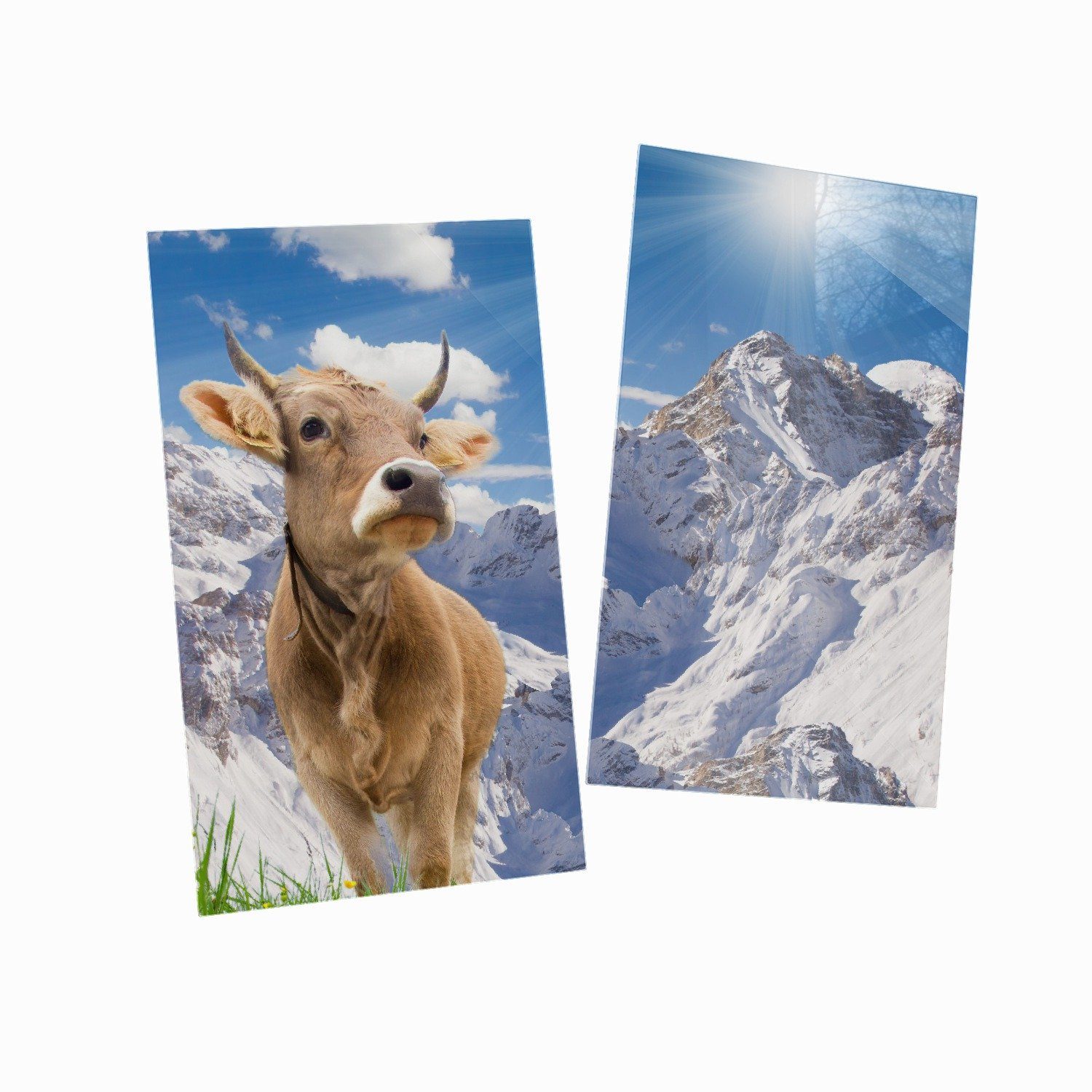 Herd-Abdeckplatte (Glasplatte, 5mm Größen tlg., ESG-Sicherheitsglas, inkl. 2 Wallario in verschiedene Alpen, Noppen), Sonnenschein Kuh den im