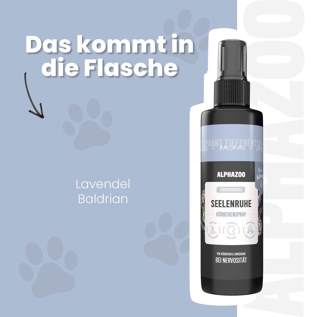 ALPHAZOO Fellpflege Seelenruhe Spray für Hunde 100 ml, 100 ml, Natürliches Anti Stress Beruhigungsmittel I mit Baldrian