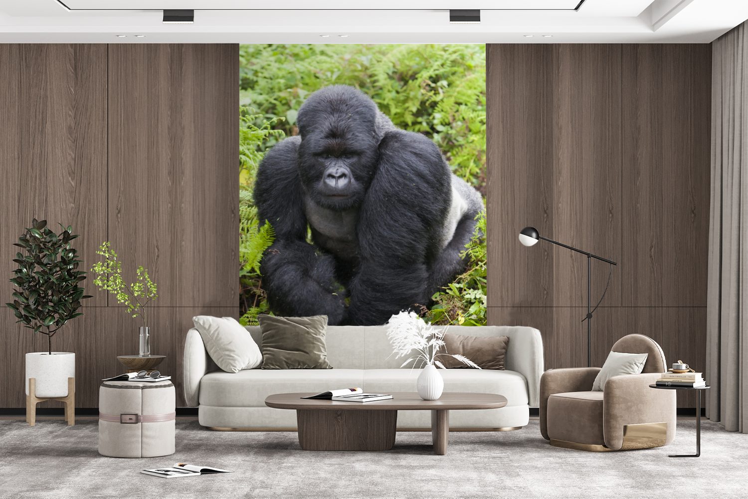 (3 Wohnzimmer, spaziert die für bedruckt, Gorilla Montagefertig Fototapete Matt, MuchoWow durch grünen Tapete Ein St), Wandtapete Vinyl Blätter,