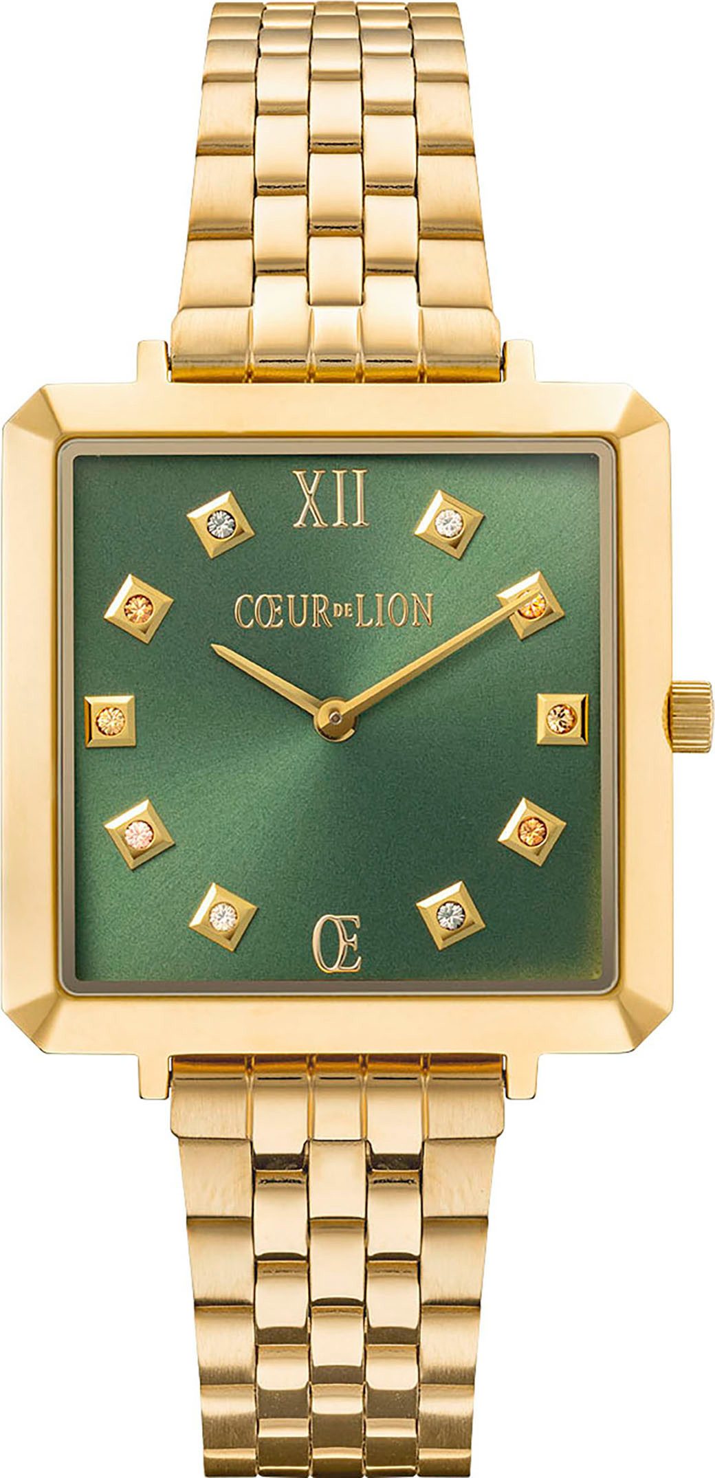 COEUR DE LION Quarzuhr Iconic Square Glamorous Green 7632/73-1605, Armbanduhr, Damenuhr, Edelstahlarmband, analog, Glaskristalle