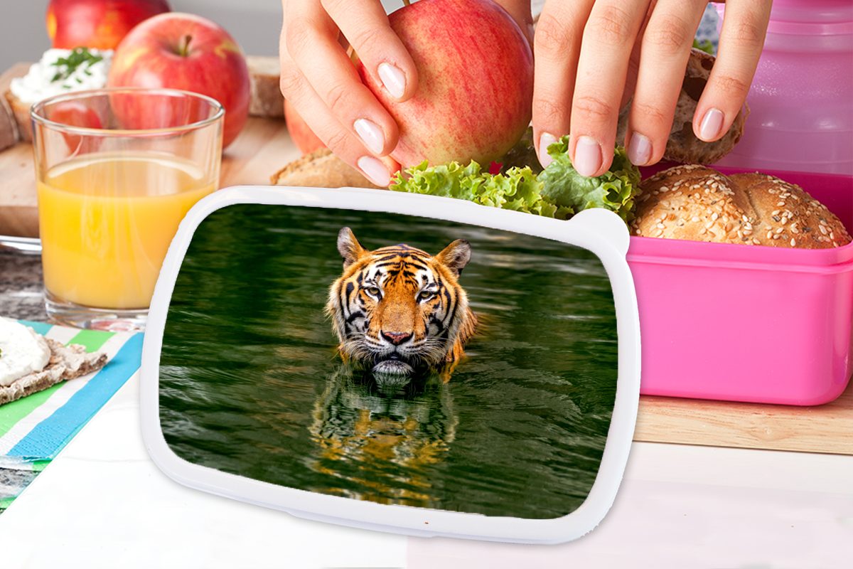 Kunststoff, Erwachsene, Spiegelung, Brotbox Mädchen, (2-tlg), Snackbox, für - Wasser MuchoWow - Tiger Kunststoff rosa Lunchbox Kinder, Brotdose