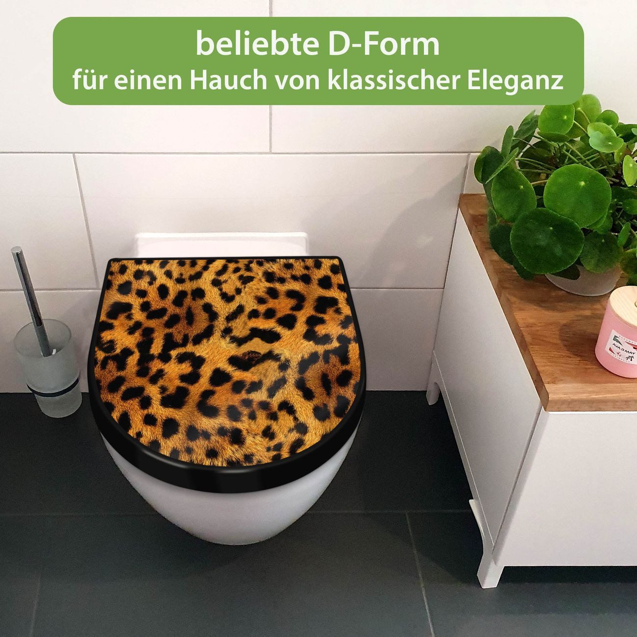 banjado WC-Sitz Premium D-Form mit Absenkautomatik Motiv Leopard (umweltfreundliches Material, Softclose Absenkautomatik), 45 x 36,4 x 4