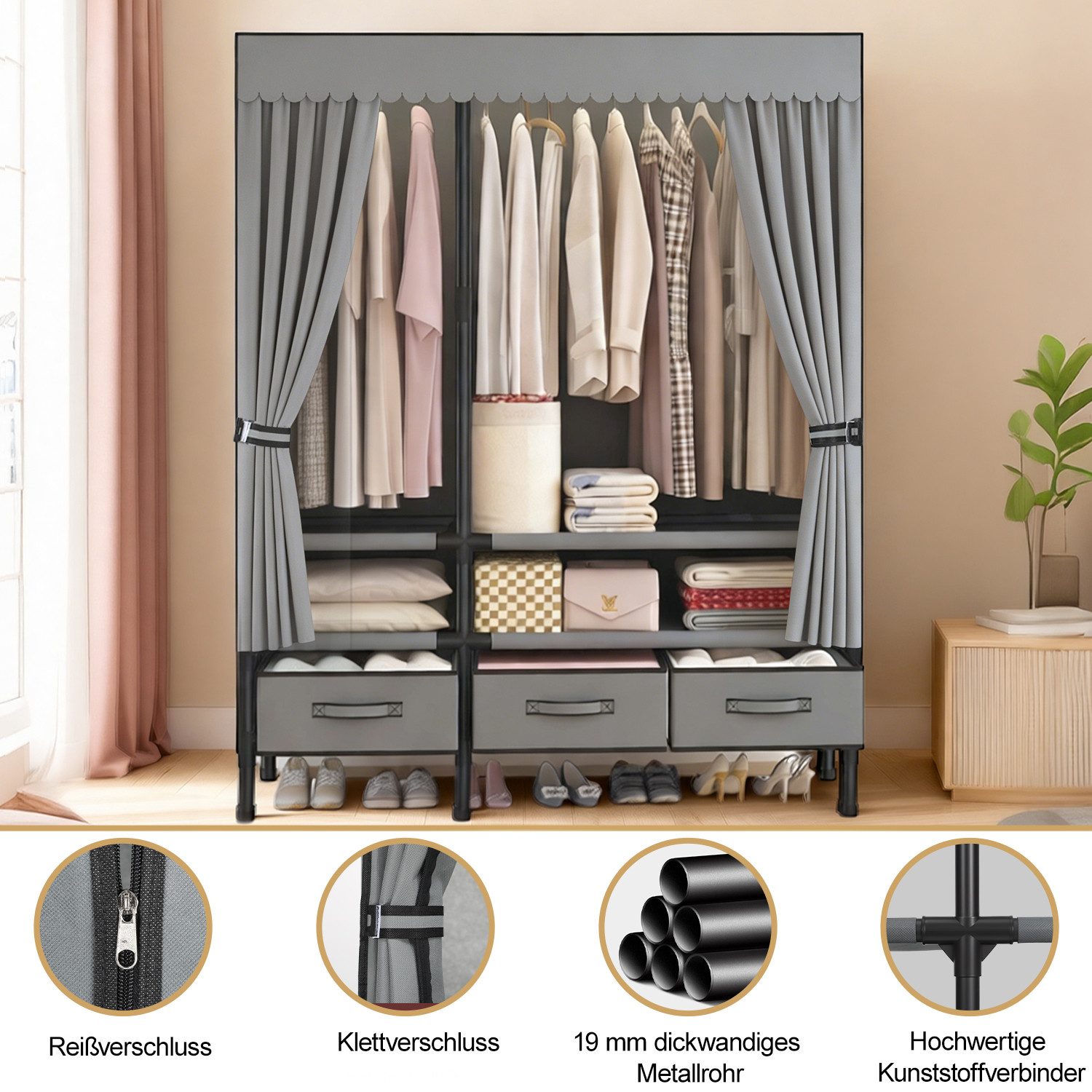 kehot Stoffschrank Faltbarer Stoffschrank 110x170x45 cm – Stabiler Kleiderschrank in Grau (Metallrahmen aus Verzinktem Stahlrohr mit 19 mm Durchmesser, 1-St., Atmungsaktive Vliesstoff-Hülle mit Staub- und Sichtschutz) Schnelle Montage, Platzsparend für Schlafzimmer oder Abstellraum