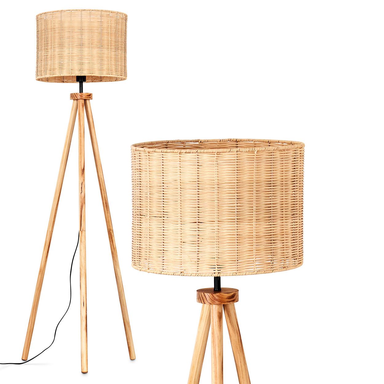 hofstein Stehlampe Stehlampe mit Holzfuß und Schirm aus Rattan, ohne Leuchtmittel, Boho-Style, skandinavisches Design (40 cm), Fußschalter, 1 x E27