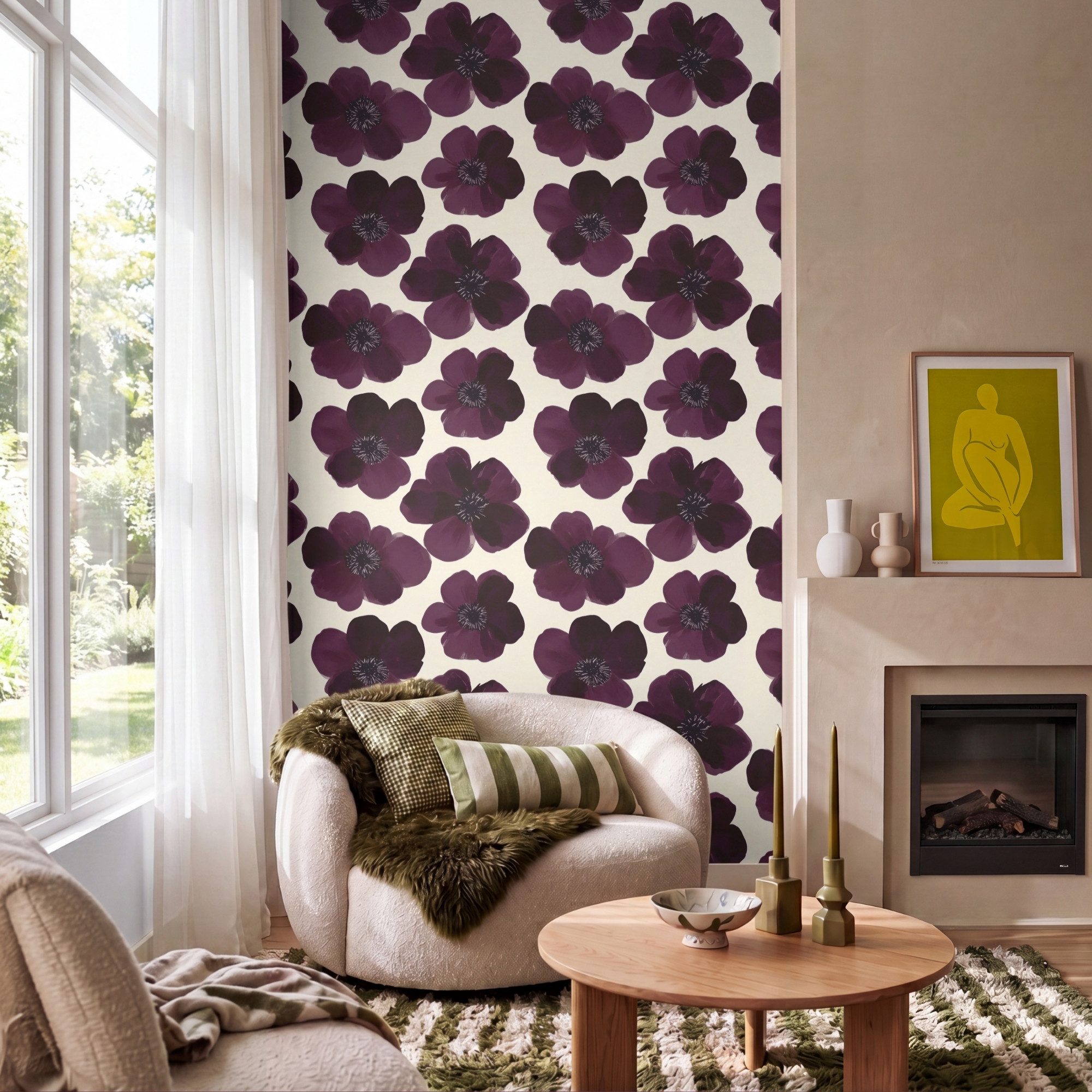 OnlyWow Fototapete Blumen - Aquarell - Lila, Matt, bedruckt, Wandtapete, Wanddekoration, Schlafzimmer 120x200cm