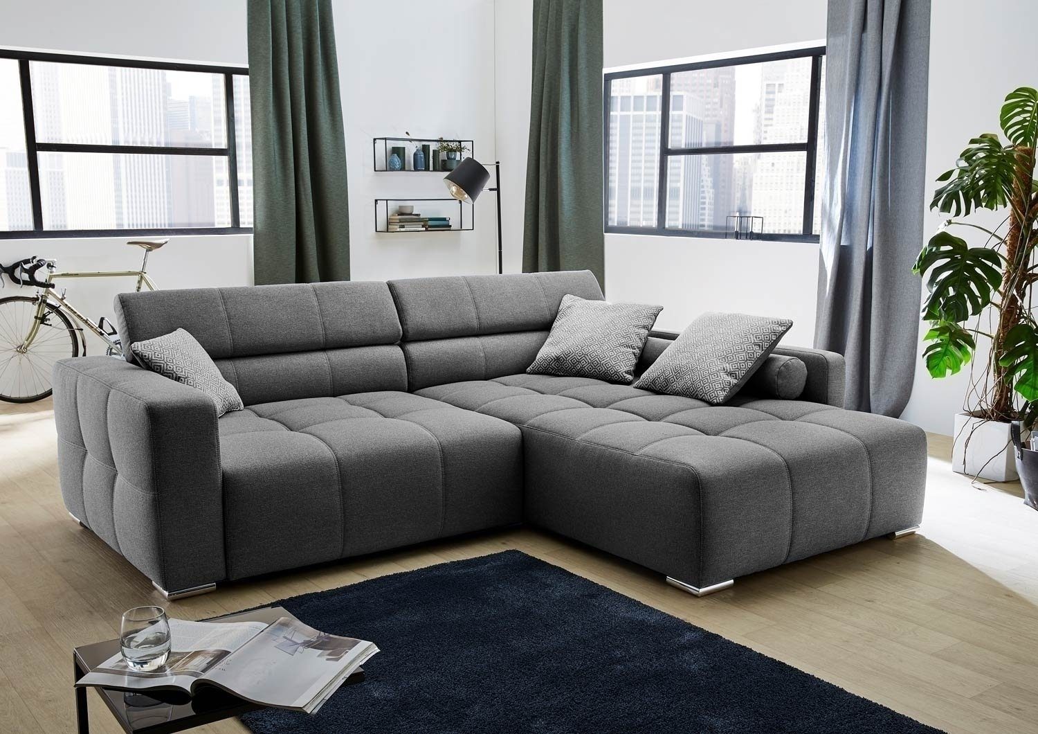Jockenhöfer Gruppe Sofa Polsterecke SALERNO, Grau, Flachgewebe, Ottomane beidseitig montierbar