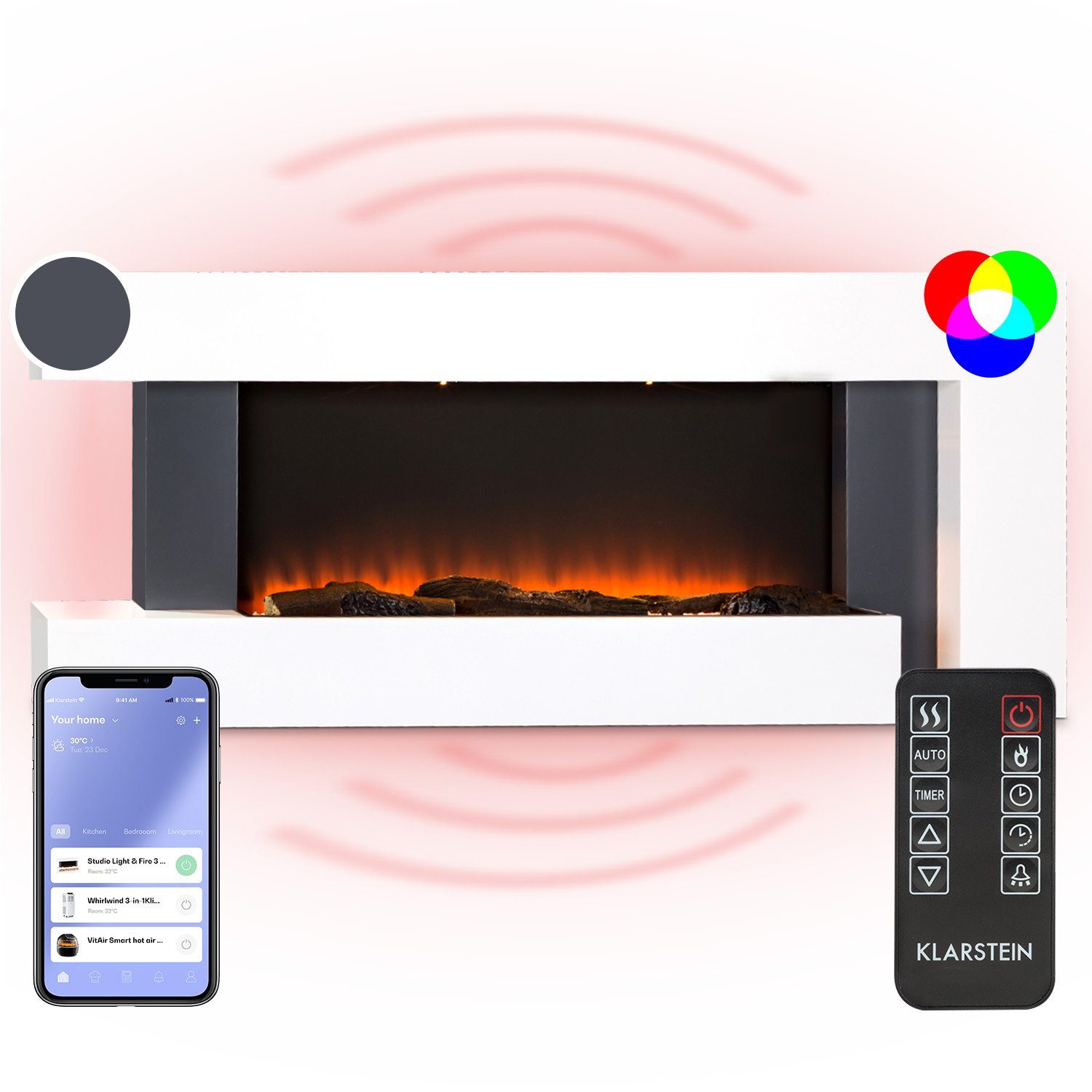 Klarstein Elektrokamin Studio Light & Fire, elektrischer Kamin mit Heizfunk günstig online kaufen