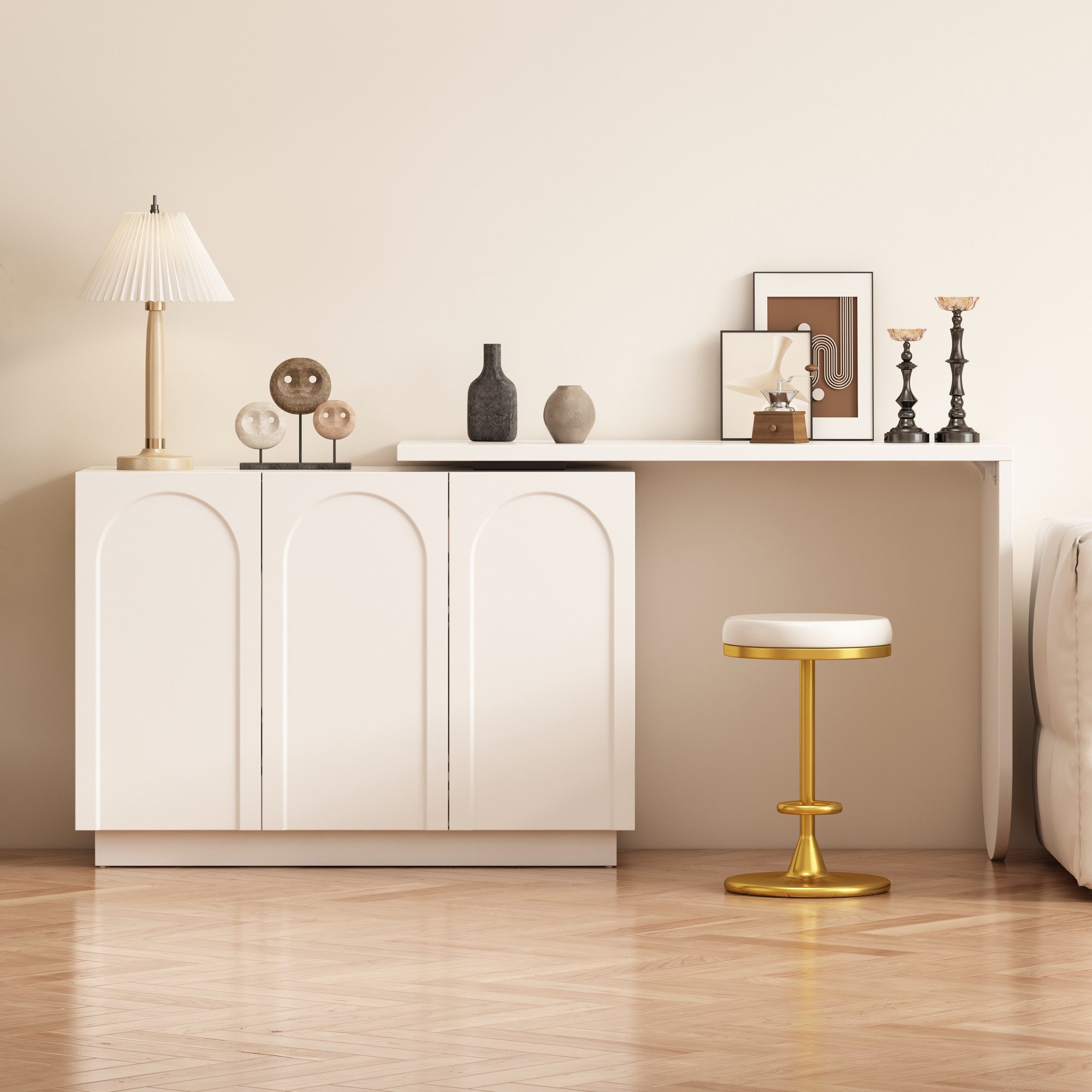 Flieks Kommode mit 360° drehbar Tisch weiß (B110-170/T40/H75cm, 1 St., mit verstellbarer Ablage), Schminktisch Eckschreibtisch Sideboard mit Stauraum, Breite 110/170 cm